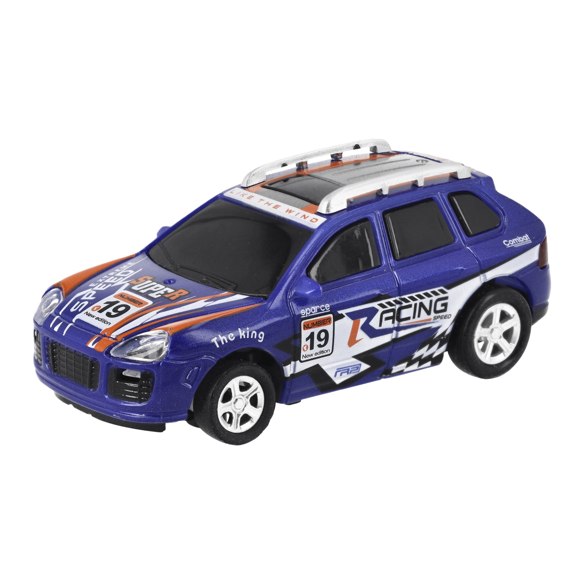En blå Kayoba RC SUV dekorert med racingklistremerker, et hvitt takstativ og nummer 19 vist på sidene og panseret. Bilen har hvite felger og flere logoer og ord som «Racing» og «The King».