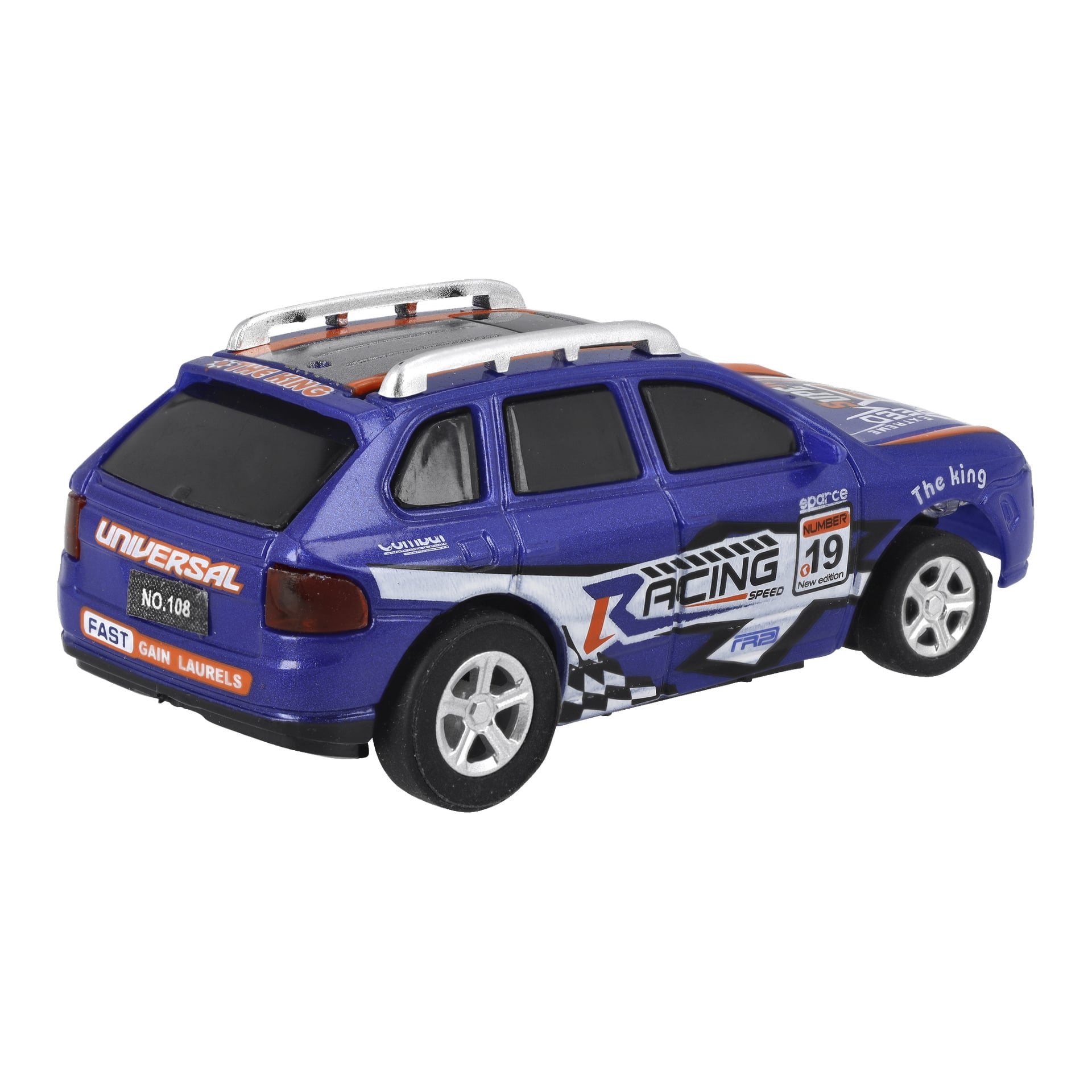En blå Kayoba fjernstyrt bil dekorert med racingklistremerker med teksten "Racing Speed" og nummer 19, ferdigstilt med sølvdetaljer på tak og hjul, og utstyrt med tonede vinduer.