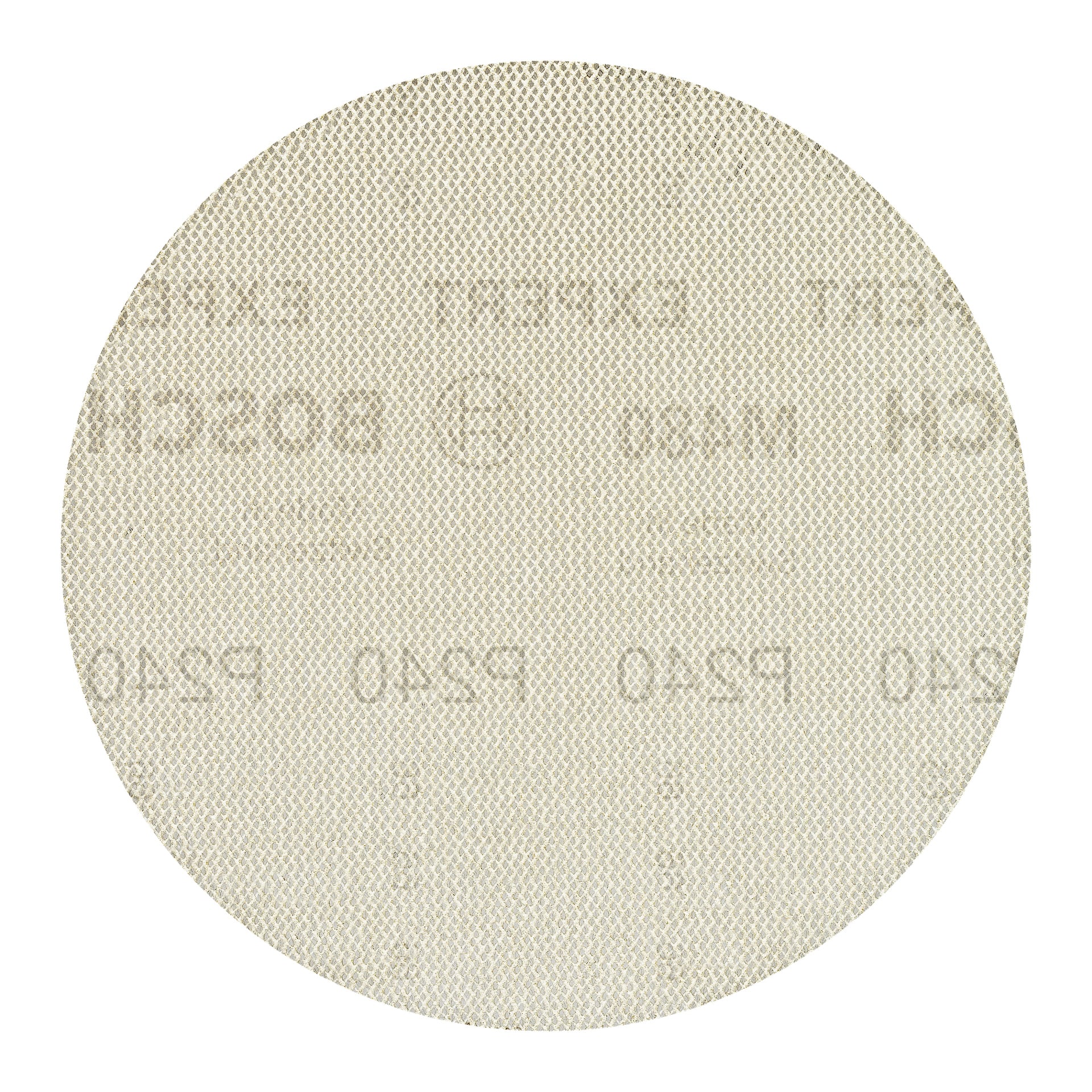 En rund, beige slipskiva från Bosch Expert Sanding mesh Expert 5-packet har en fin grusyta. Subtil tryckt text, inklusive "Bosch" och "P240", syns genom nätmönstret.