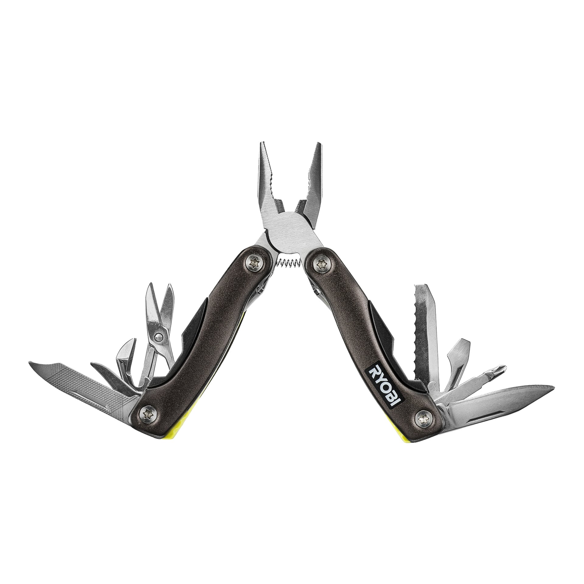 Ryobi Multitool 14-w-1 RMT14 jest prezentowany z rozłożonymi narzędziami, takimi jak szczypce, ostrze noża, nożyczki, piła, pilnik i różne śrubokręty.