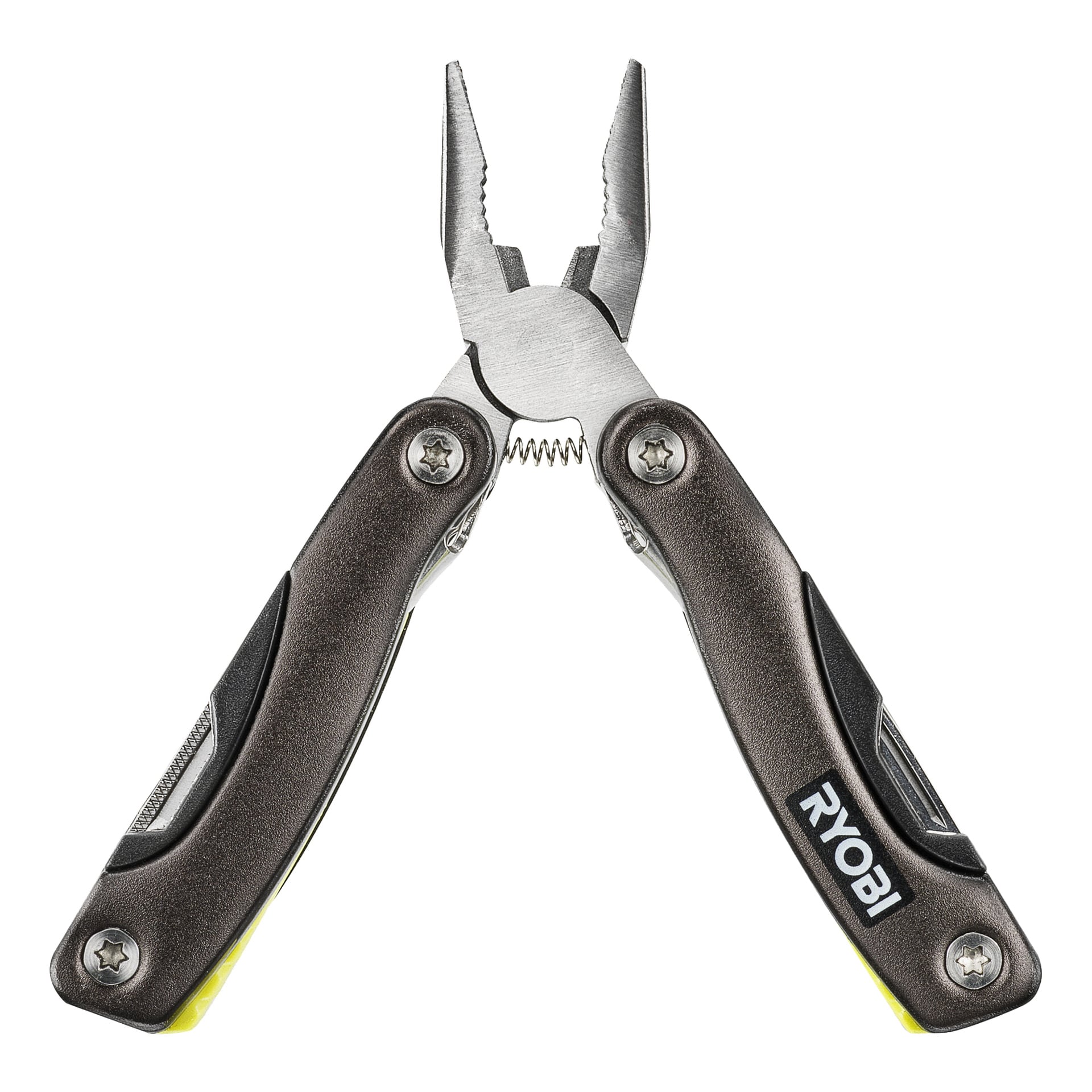 Ryobi Multitool 14-w-1 RMT14 jest prezentowany z wysuniętymi szczypcami. Ma błyszczącą metalową konstrukcję, śruby wzdłuż uchwytów oraz chwyty w większości czarne z żółtym akcentem na końcu.