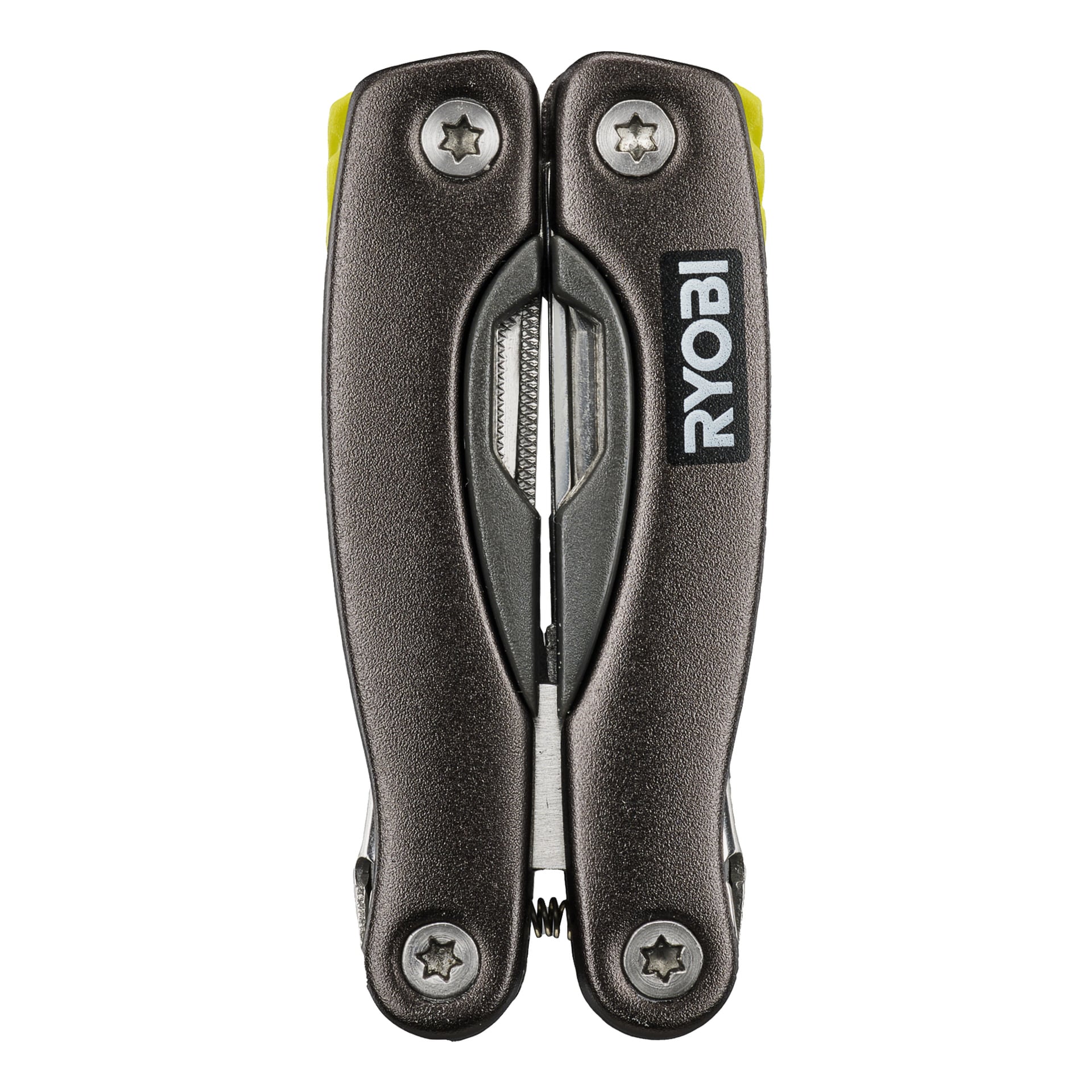 Ryobi Multitool 14-w-1 RMT14 jest pokazany zamknięty, z teksturowaną ciemną rączką, odsłoniętymi śrubami i logo Ryobi widocznym po jednej stronie. Konstrukcja wygląda na kompaktową i łatwą w przenoszeniu.