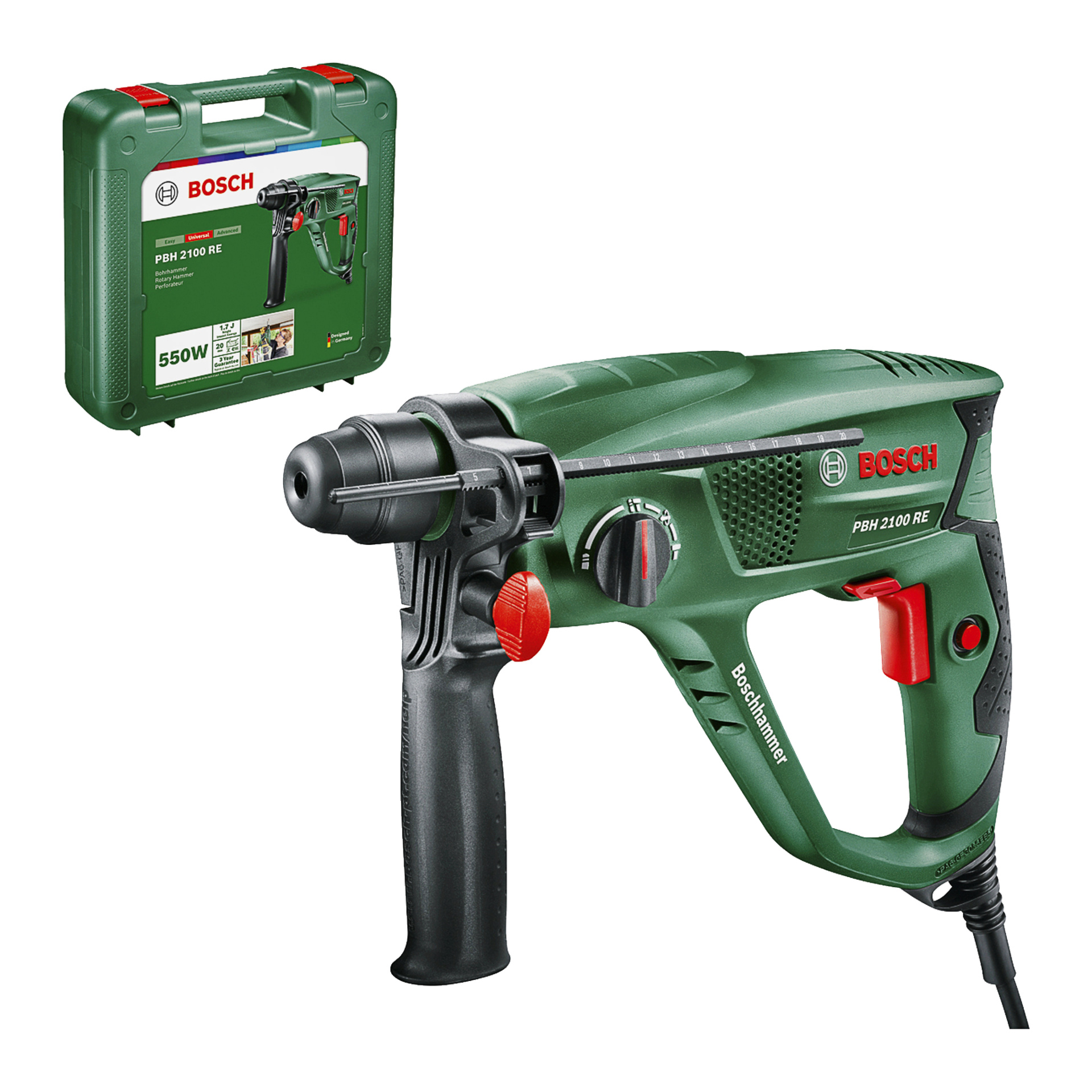 Vihreä Bosch Hammer Drill PBH 2100 RE mustilla ja punaisilla yksityiskohdilla on esillä vihreän kantolaukun vieressä, jossa on Boschin logo ja tuotetiedot.