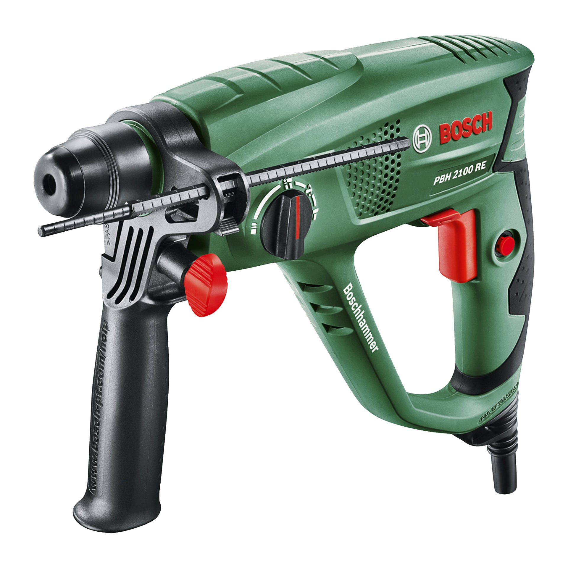 Bosch PBH 2100 RE -vasaraporakone on esitetty vihreänä, mustalla kahvalla, punaisilla säätönuppeilla ja syvyysmittarilla. Sen sivu korostaa Boschin logoa ja korostaa ergonomisia muotoiluelementtejä.