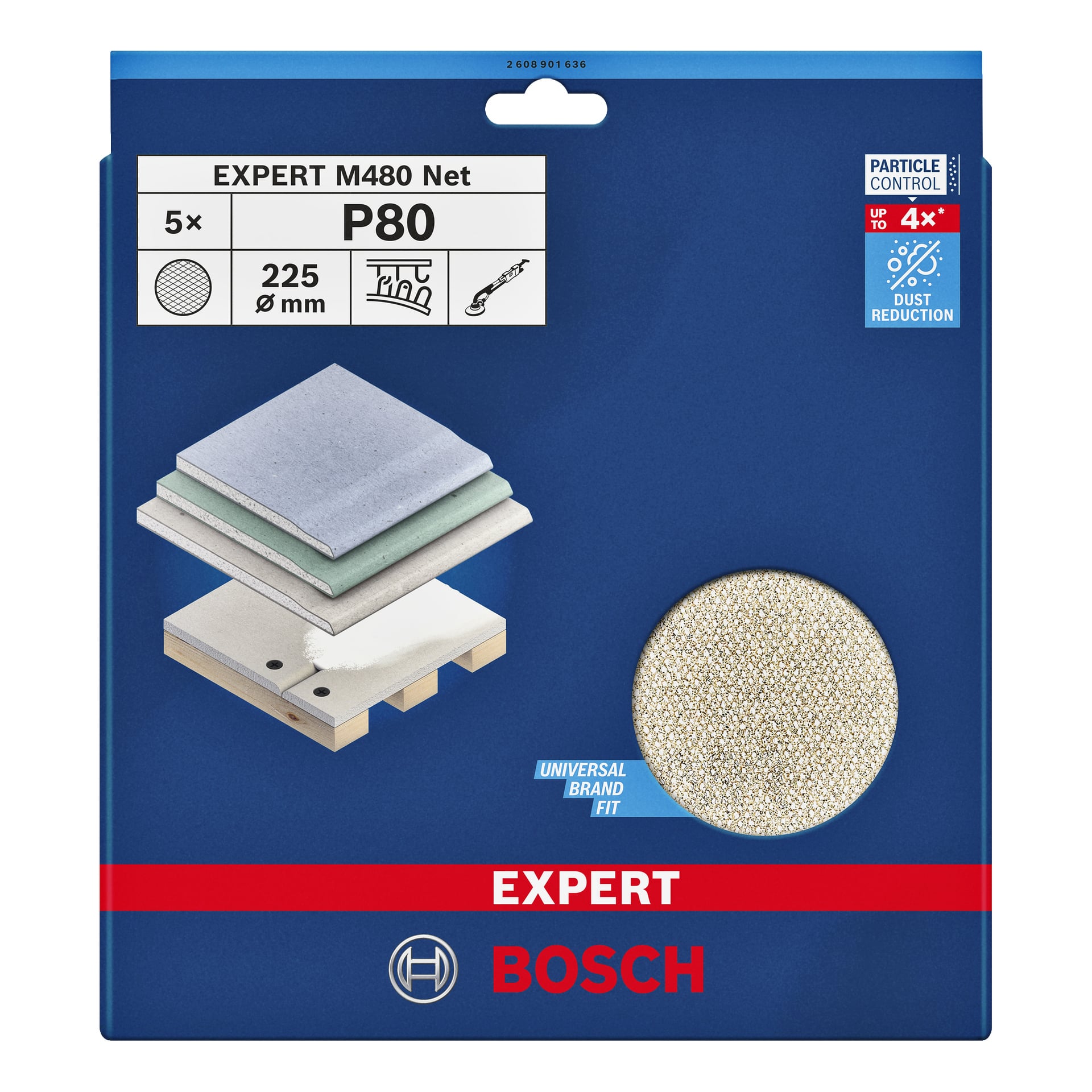 Die 5-Pack-Verpackung von Bosch Expert Grinding Net Expert zeigt fünf 225 mm P80-Scheiben zum Schleifen von Holz, Farbe und Trockenbau. Die Box hebt Staubreduzierungsfunktionen hervor und zeigt die Kompatibilität mit mehreren Marken an. Eine einzelne Scheibe ist durch einen runden Ausschnitt auf der Verpackung sichtbar.