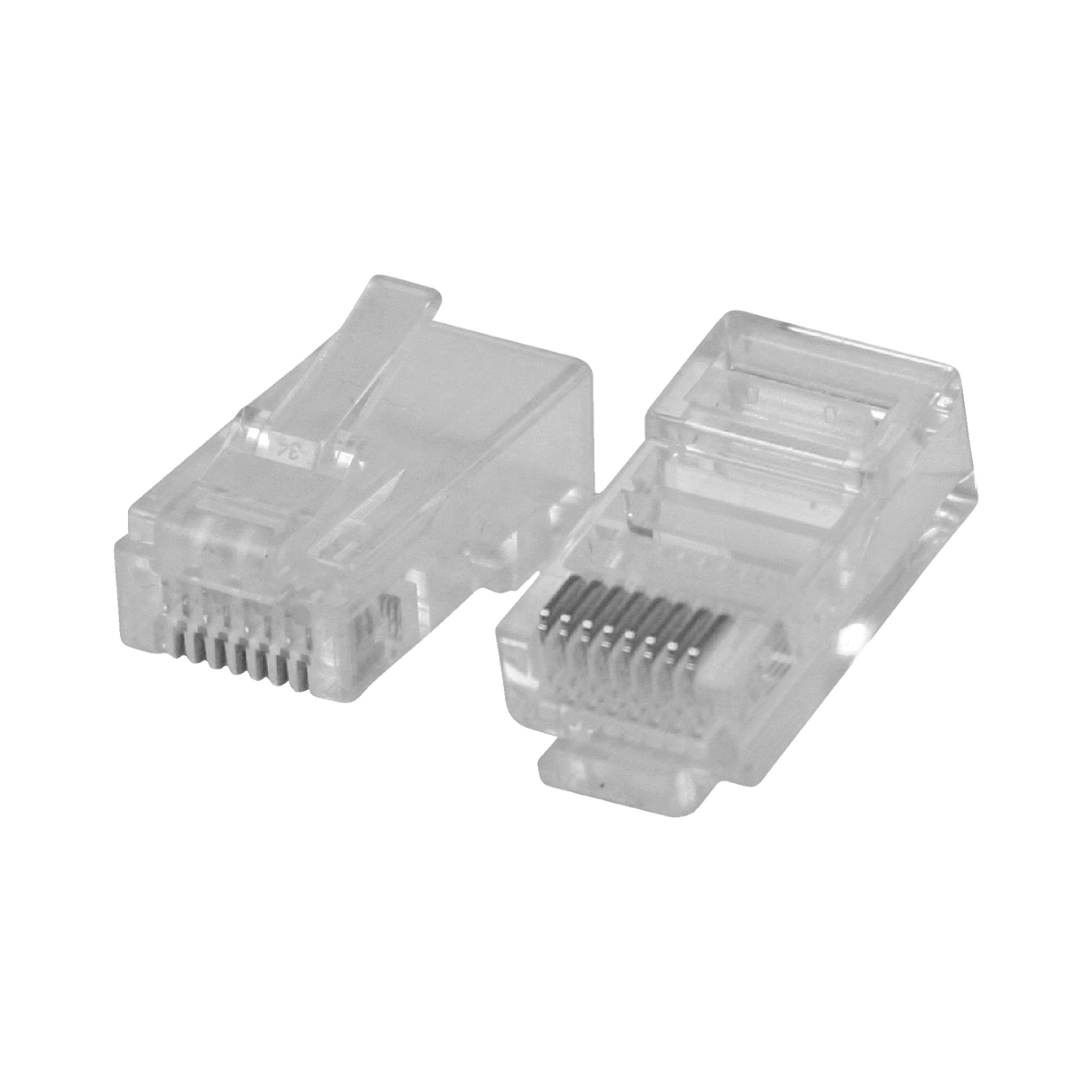 Två Nedis RJ45-kontakter sitter bredvid varandra, deras genomskinliga plastkroppar visar metallstiften för Ethernet-kabelanslutningar.