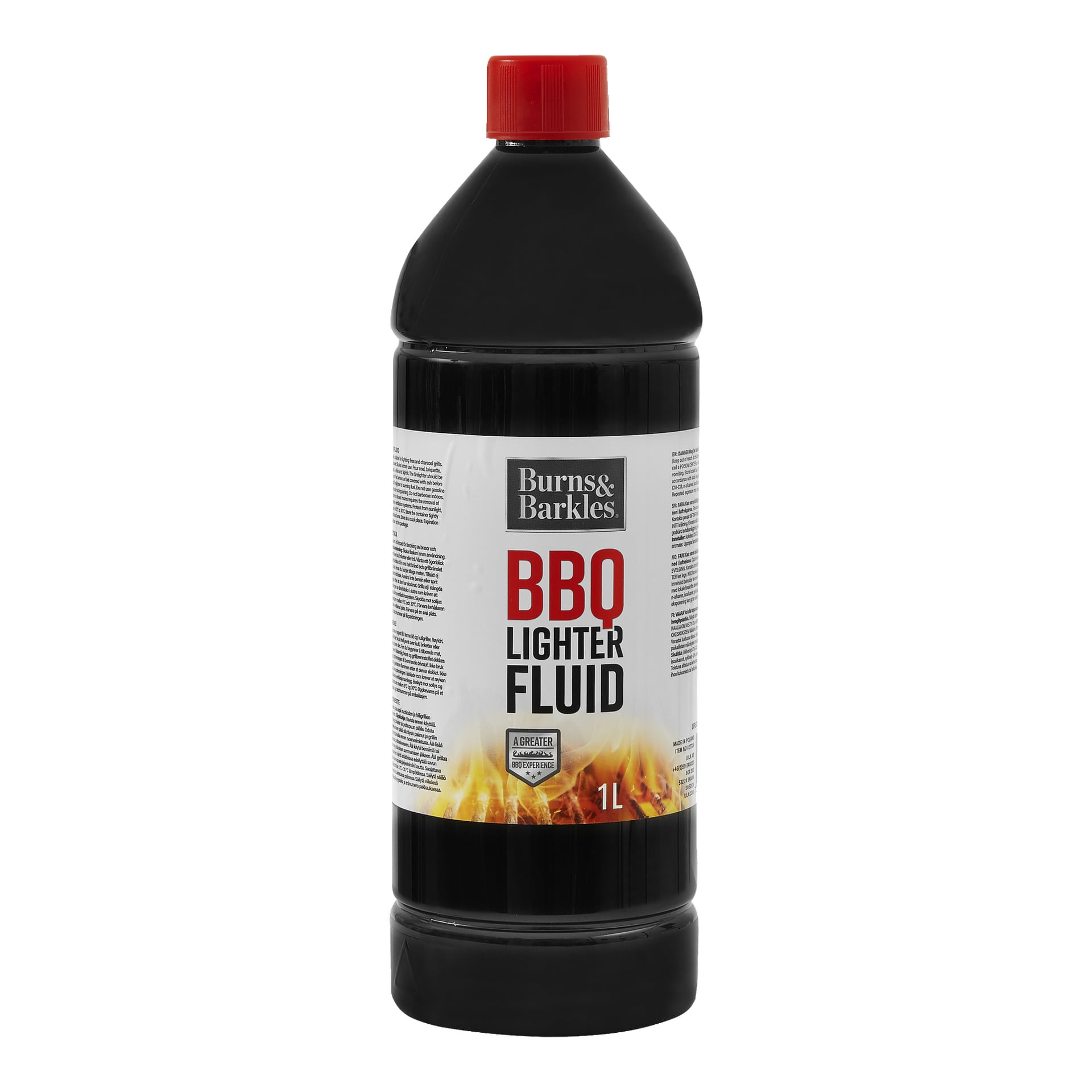 En enliters svart flaska Burns & Barkles Firelighter Fluid toppad med en röd kapsyl, med en etikett dekorerad med lågor, produktnamnet och bruksanvisningen.