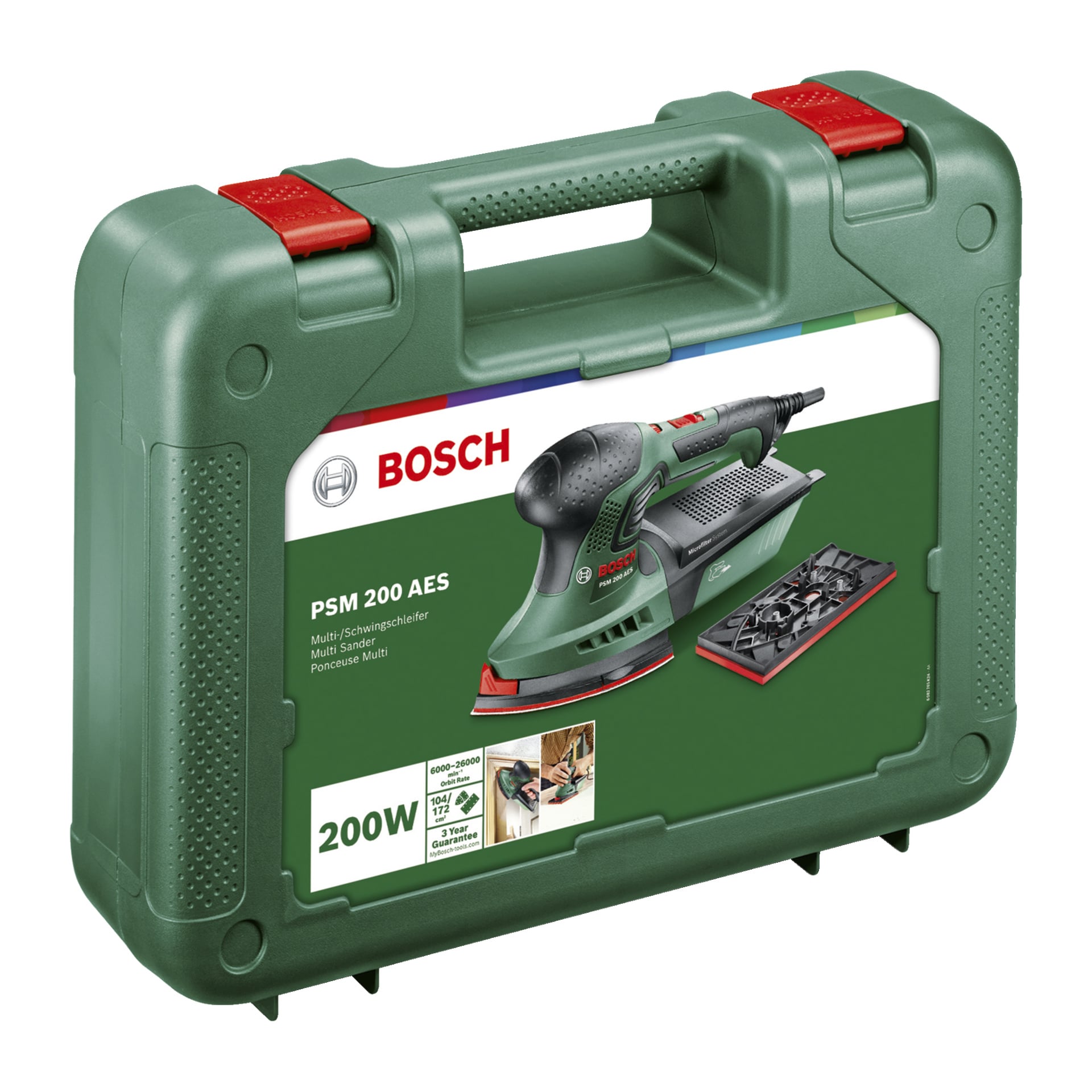 Ein grüner Bosch-Transportkoffer mit einem Etikett, das den Multi-schleifer PSM 200 AES Schleifer, dessen Modellinformationen und Bilder der beiliegenden Schleifzubehörteile zeigt. Das Gehäuse hat einen Griff und zwei rote Verschlüsse zur Sicherung.