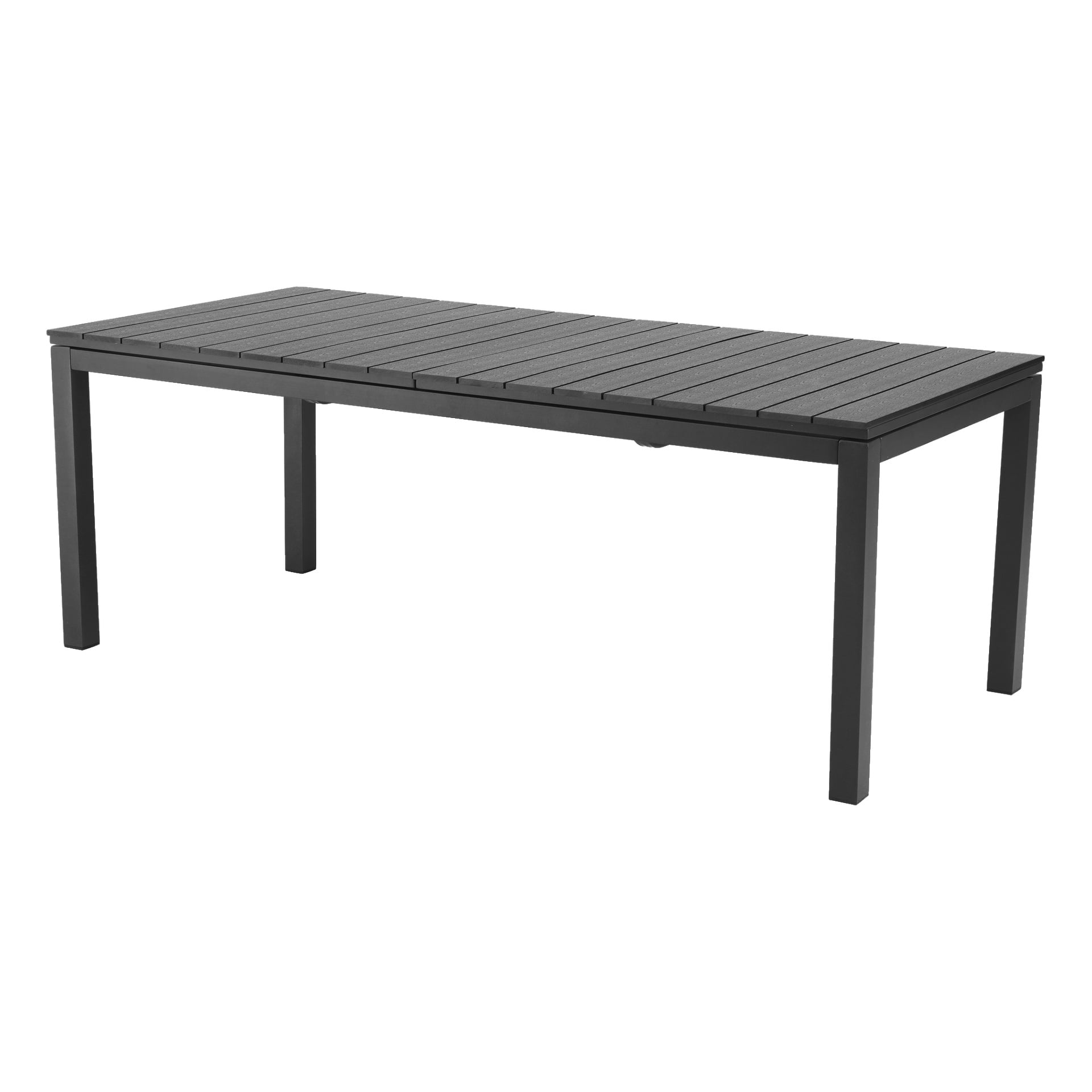 EKVAP-bordet er et rektangulært utebord med en mørkegrå plate med lameller og fire rette ben, laget av metall eller komposittmateriale.