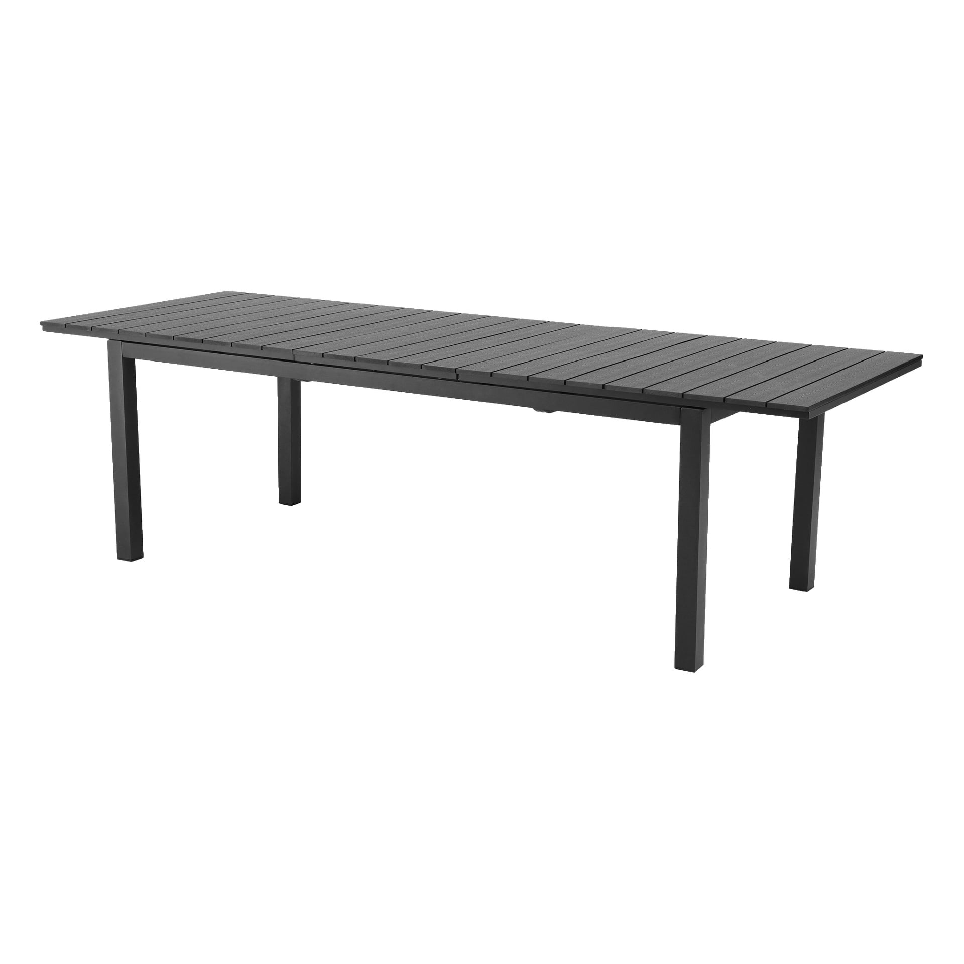 EKVIP Table er et rektangulært utendørs stykke med mørk lamelltopp og fire rette ben, som viser en minimalistisk estetikk laget av værbestandige materialer.