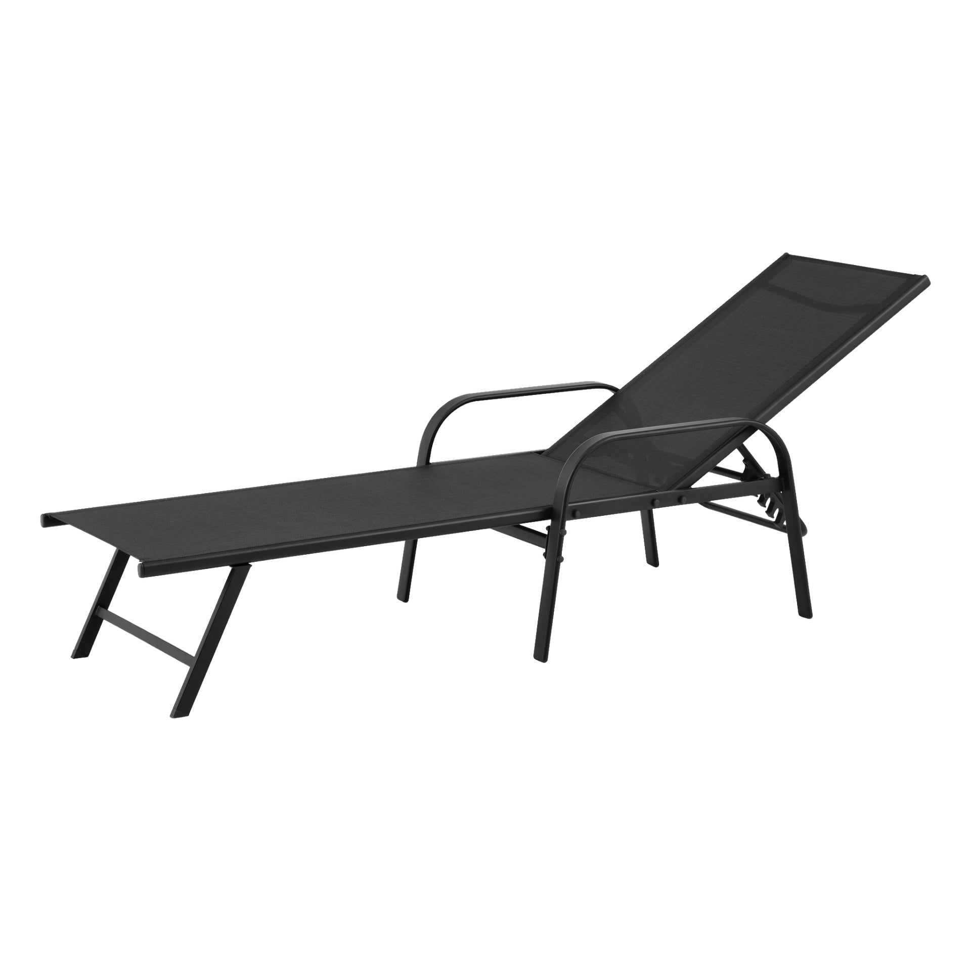 Ein schwarzes EKVIP Sonnenbett mit Metallrahmen, Sitz aus Netzstoff, Armlehnen und einer verstellbaren verstellbaren Rückenlehne.