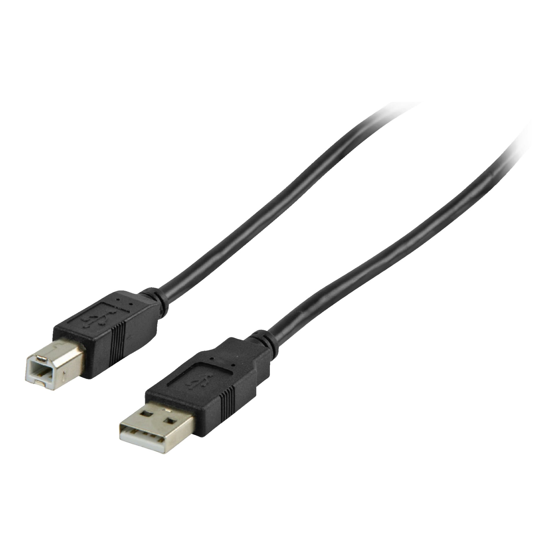 En svart Nedis USB-kabel med en USB Type-A-kontakt i ena änden och en USB Type-B-kontakt i den andra.