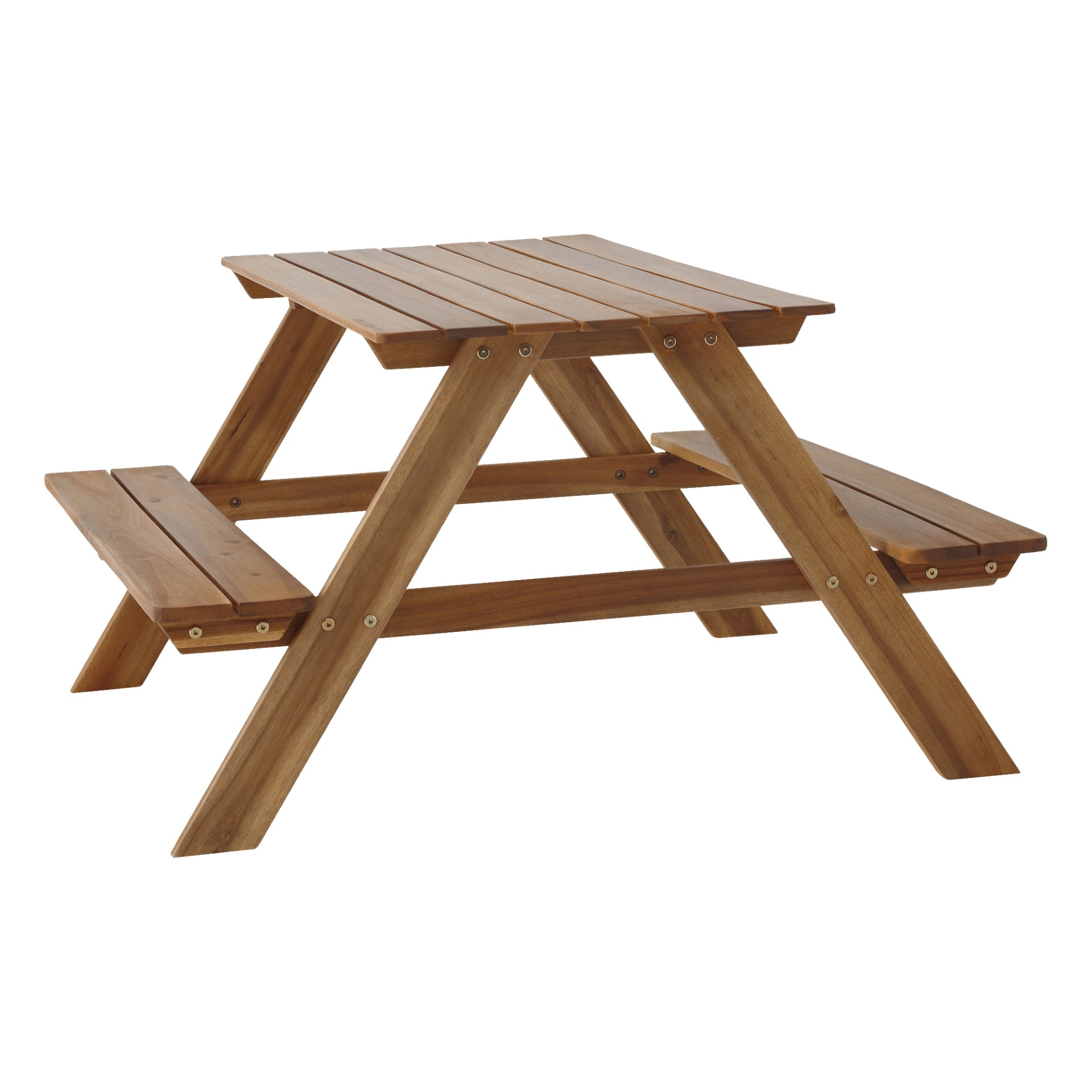 Ett kompakt och robust picknickbord för barn i ljusbrunt trä, med bänkar stadigt fästa på båda sidor. Designen är enkel och visar synliga bultar vid fogarna för att förstärka dess styrka.