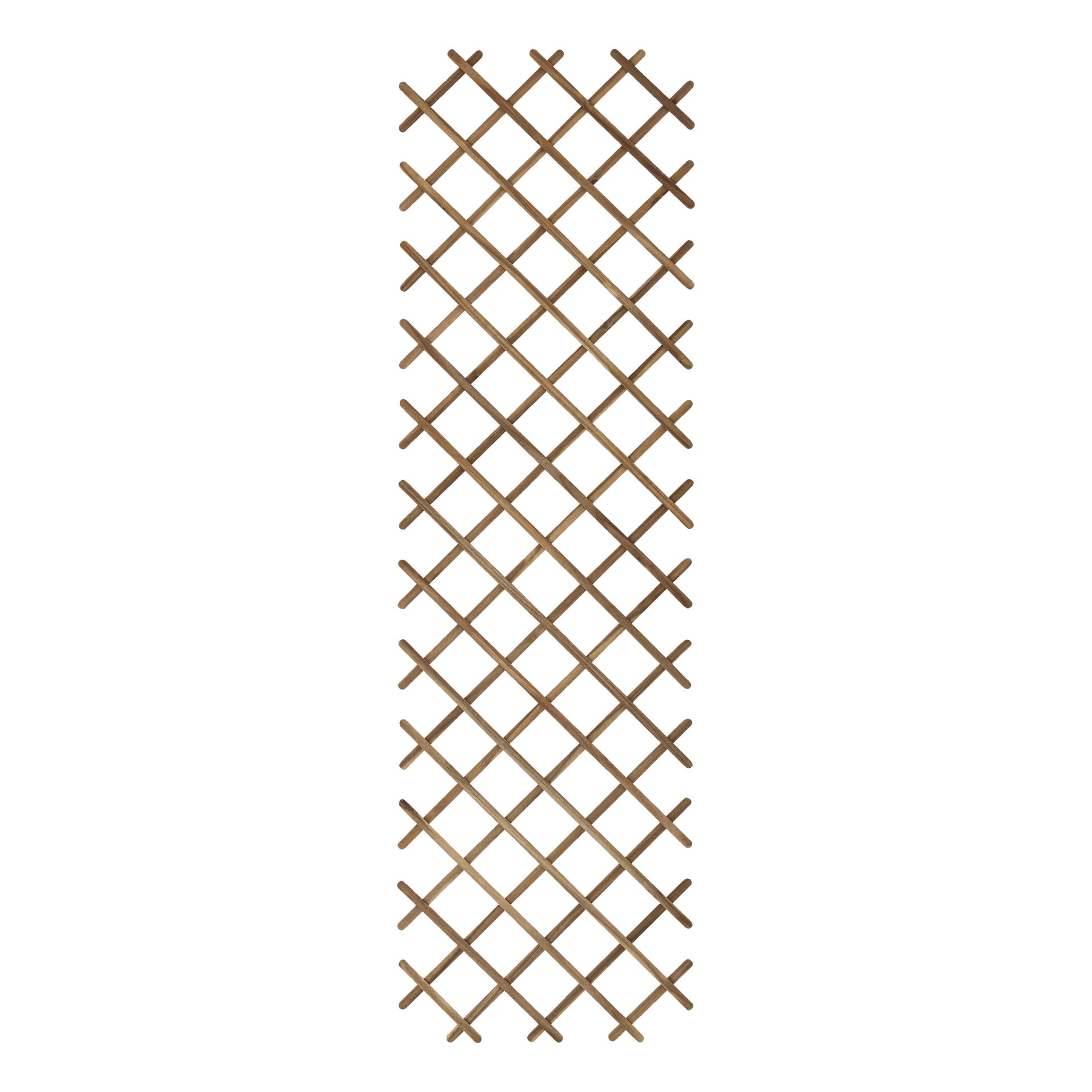Das Hard Head Trellis ist eine hohe, schlanke Holzkonstruktion, deren Latten sich kreuzen und ein rautenförmiges Muster bilden.