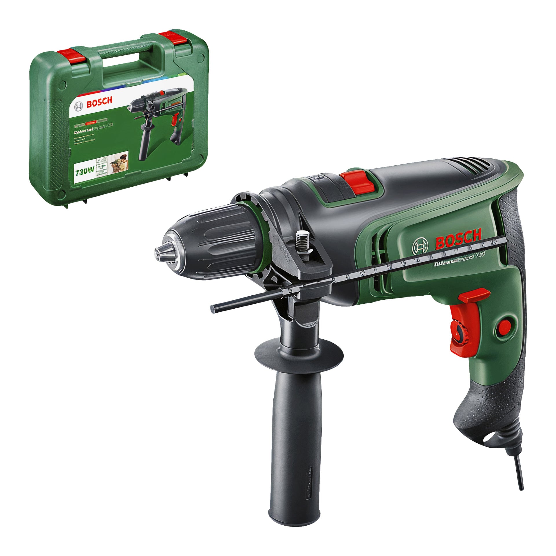 Ein Bosch Hammer Drill PBH 2800 RE in Grün und Schwarz mit einem angebrachten Griff ist vorne ausgestellt. Dahinter befindet sich ein passender grüner Bosch-Koffer, auf dessen Oberfläche ein Bild des Bohrers zu sehen ist.