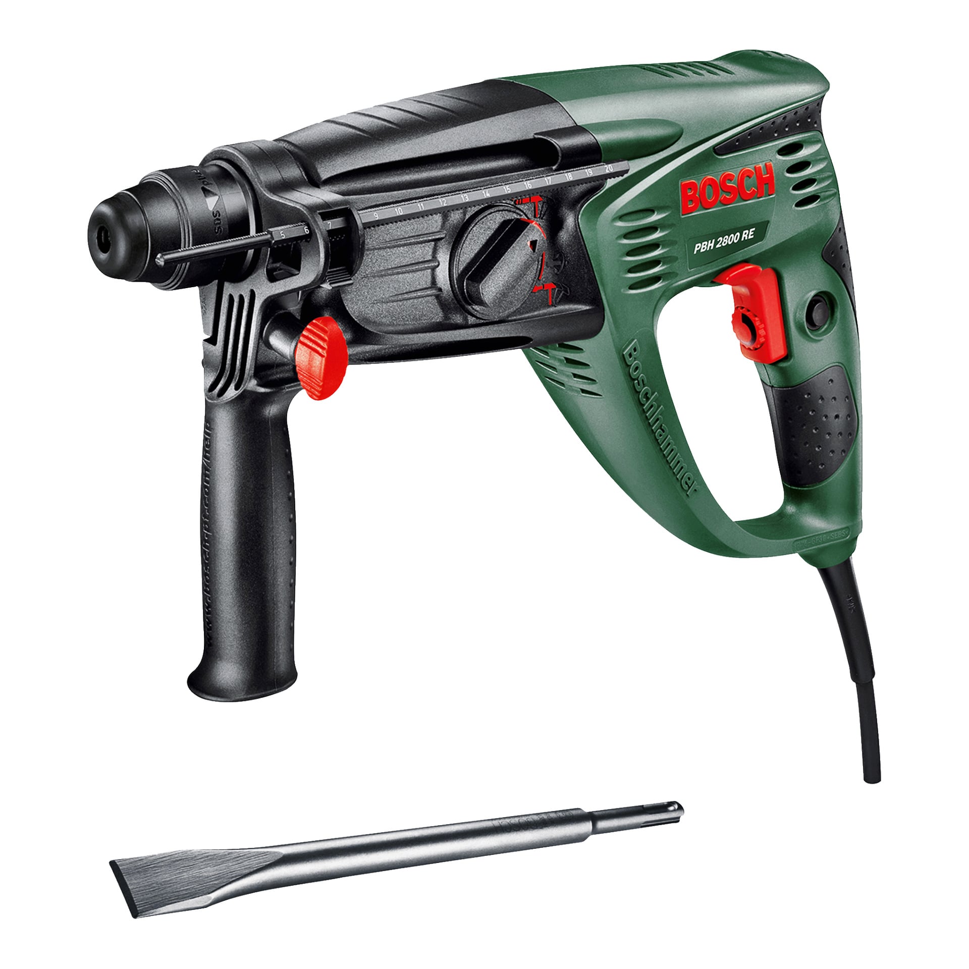 Ein Bosch-Bohrer in Grün und Schwarz mit dem PBH 2800 RE-Etikett ist ausgestellt, mit einem befestigten Kabel und einem Seitengriff. Ein Metallmeißelbohrer ruht horizontal unter dem Bohrer.