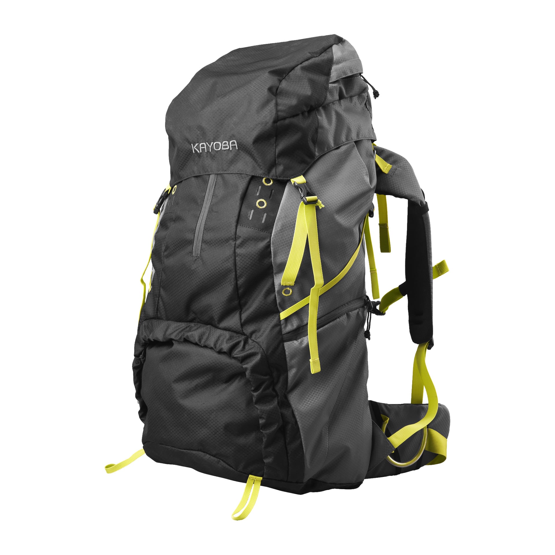 Ein geräumiger Kayoba-Wanderrucksack in Schwarz und Grau mit gelben Riemen, mehreren Taschen und gepolsterten Schulter- und Hüftbereichen. Der Beutel steht aufrecht und die Marke "Kayoba" befindet sich auf der oberen Klappe.
