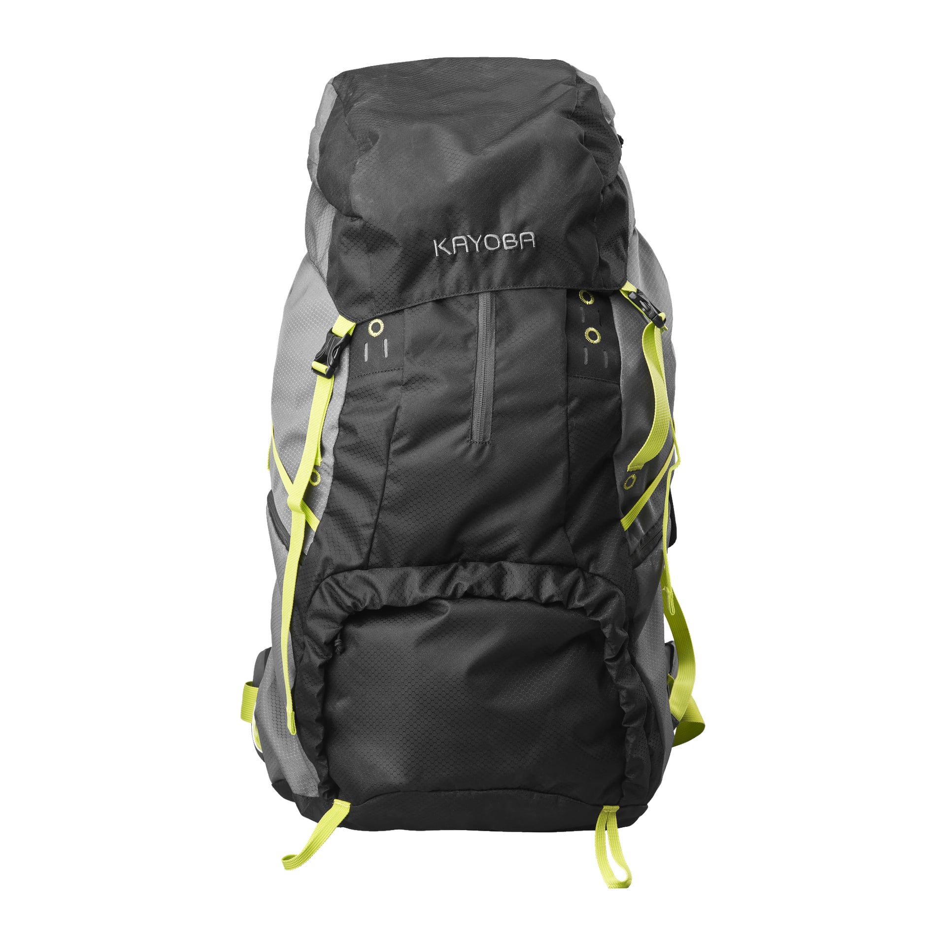 Ein geräumiger schwarz-grauer Kayoba-Wanderrucksack mit gelben Riemen, einer oberen Klappe mit dem Kayoba-Logo, mehreren Taschen und verstellbaren Schultergurten.