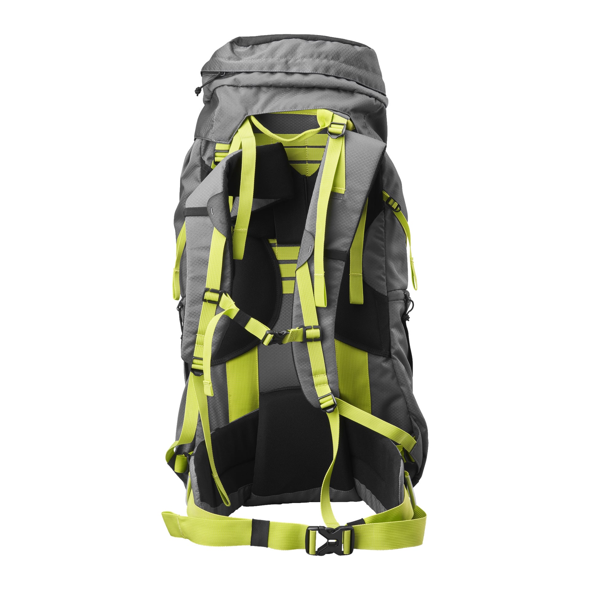 Von hinten ist ein grauer und limettengrüner Kayoba Hiking Rucksack zu sehen, der gepolsterte Schulterträger, einen Brustbeenriemen und einen Hüftgürtel hervorhebt. Das Design umfasst mehrere Verstellpunkte und Mesh-Paneele auf der Rückseite für zusätzlichen Komfort und Atmungsaktivität.