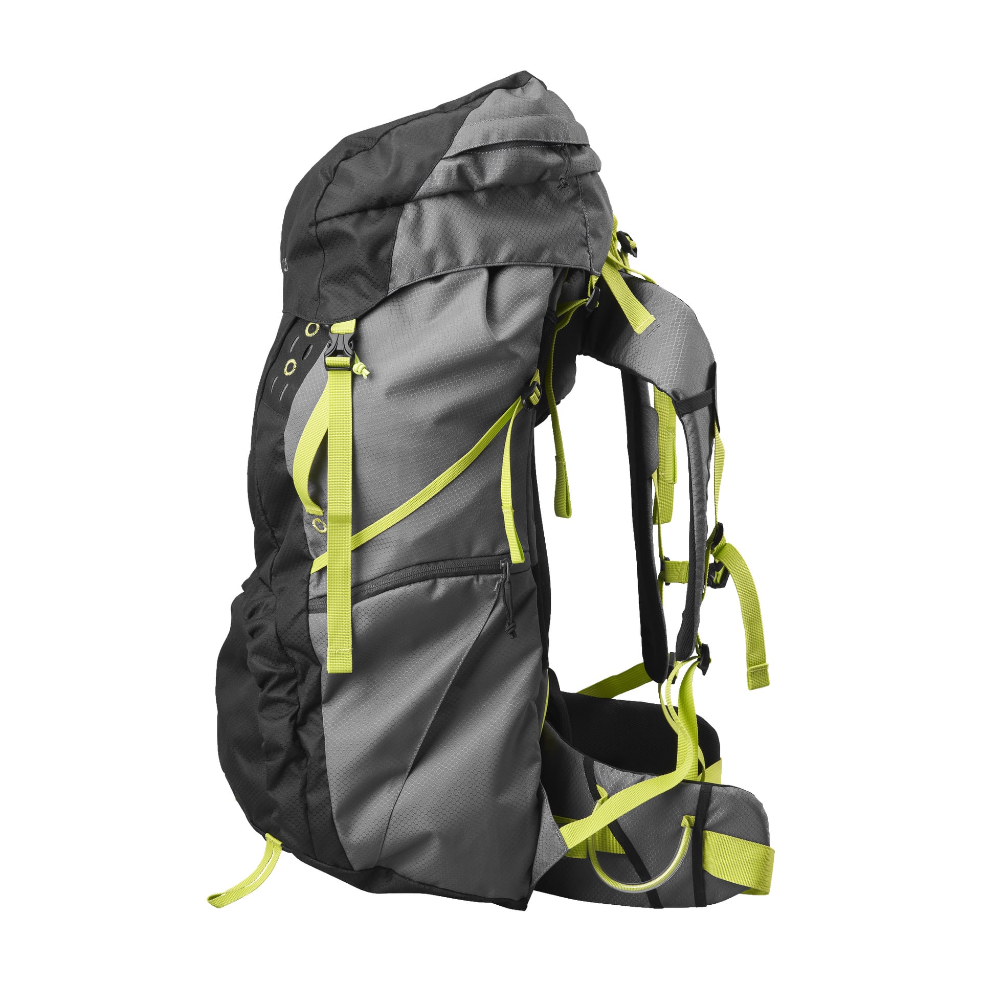 Ein geräumiger Kayoba-Wanderrucksack in Schwarz und Grau mit auffälligen gelben Riemen und Schnallen ist von der Seite aufrecht dargestellt. Es verfügt über mehrere Fächer und gepolsterte Schulter- sowie Taillenriemen.