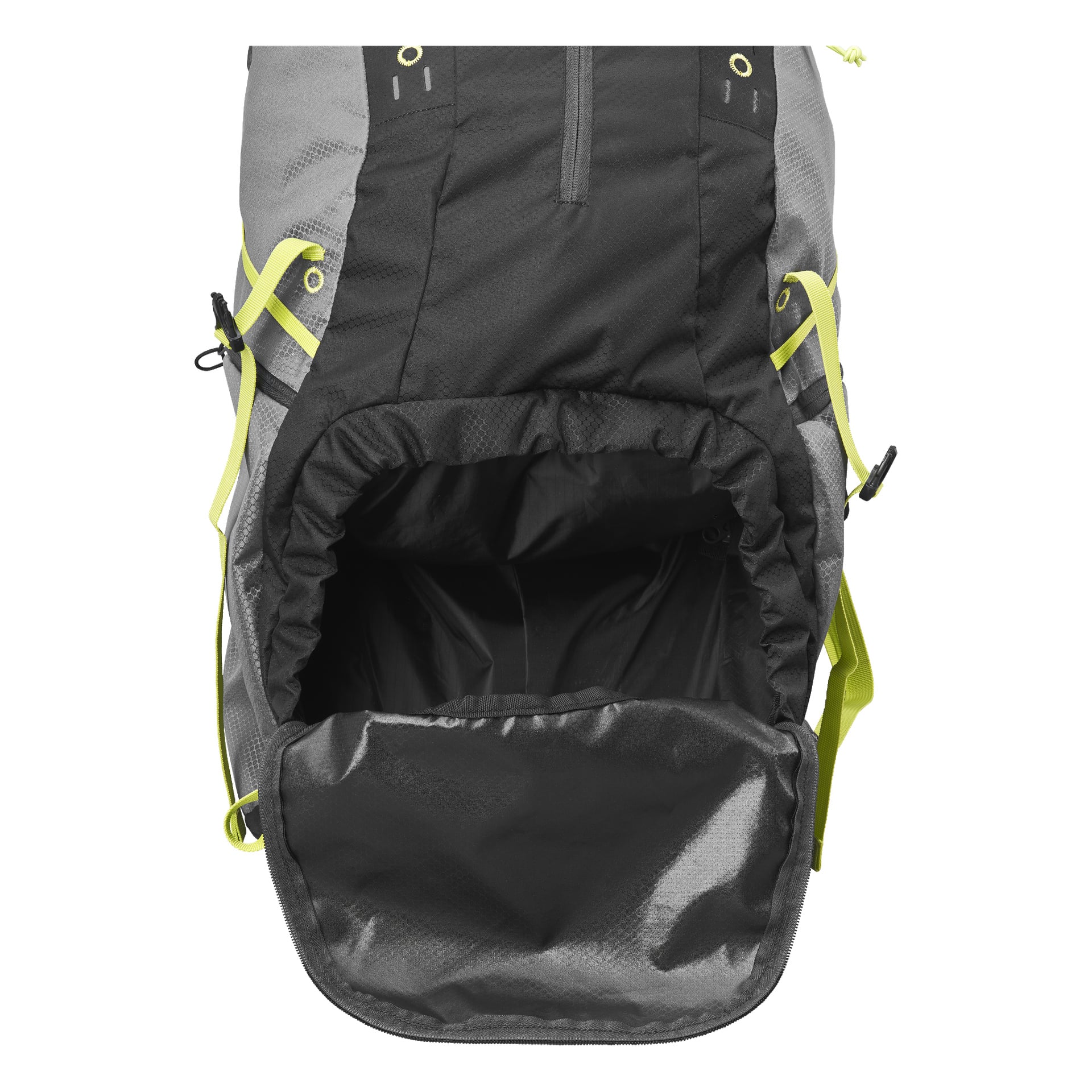 Eine Nahaufnahme eines offenen Kayoba Hiking Rucksacks zeigt das geräumige, leere Hauptfach, das durch einen Kordelzugverschluss gesichert ist und ein grau-schwarzes Farbschema mit gelben Riemen an den Seiten aufweist.