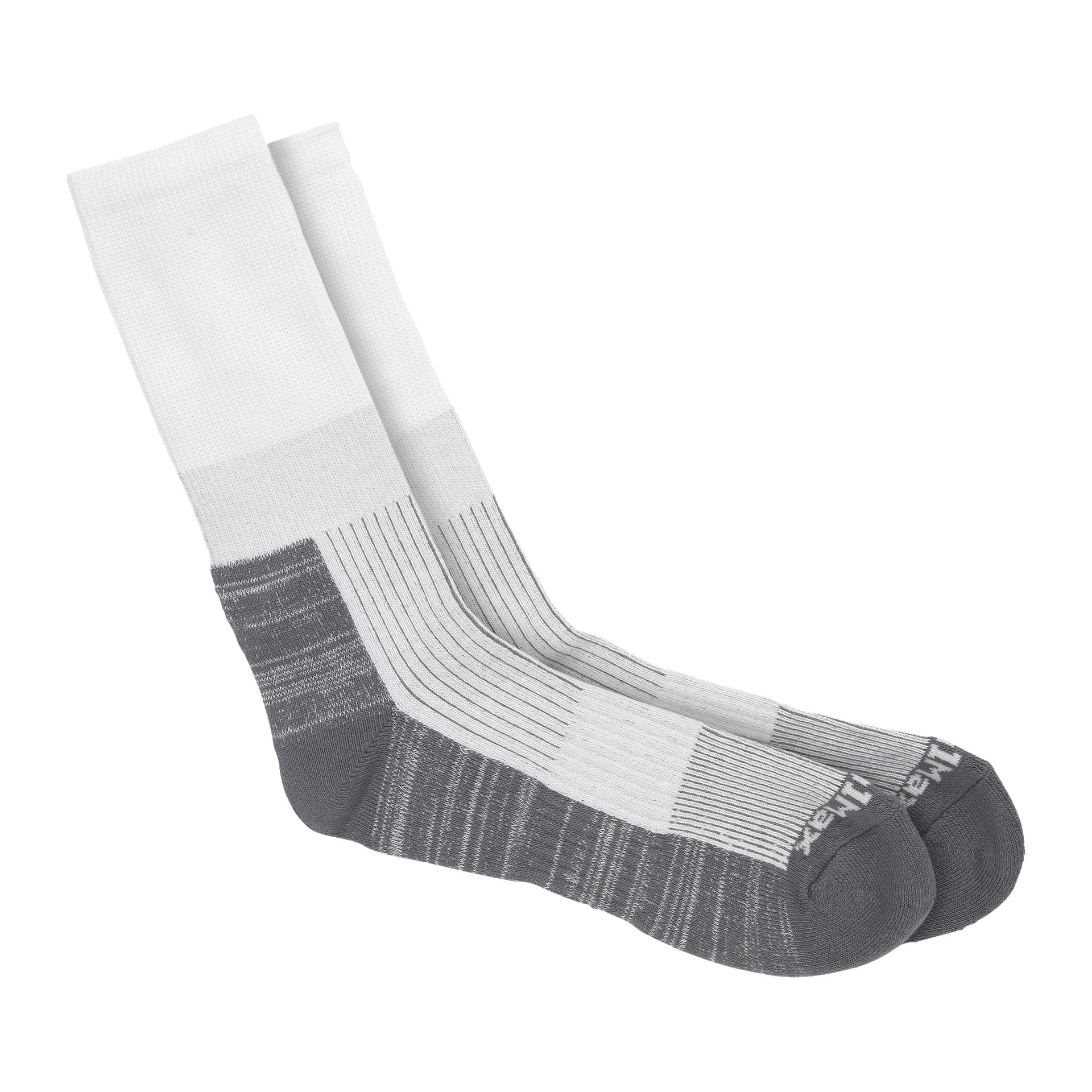 Ein Paar Bluewear Sports Crew-Socken mit weißem Oberteil und grauen Absätzen, Zehen und Sohlen. Der Mittelteil ist mit vertikalen Streifen verziert, und das Bluewear-Logo erscheint nahe dem Zehenbereich.