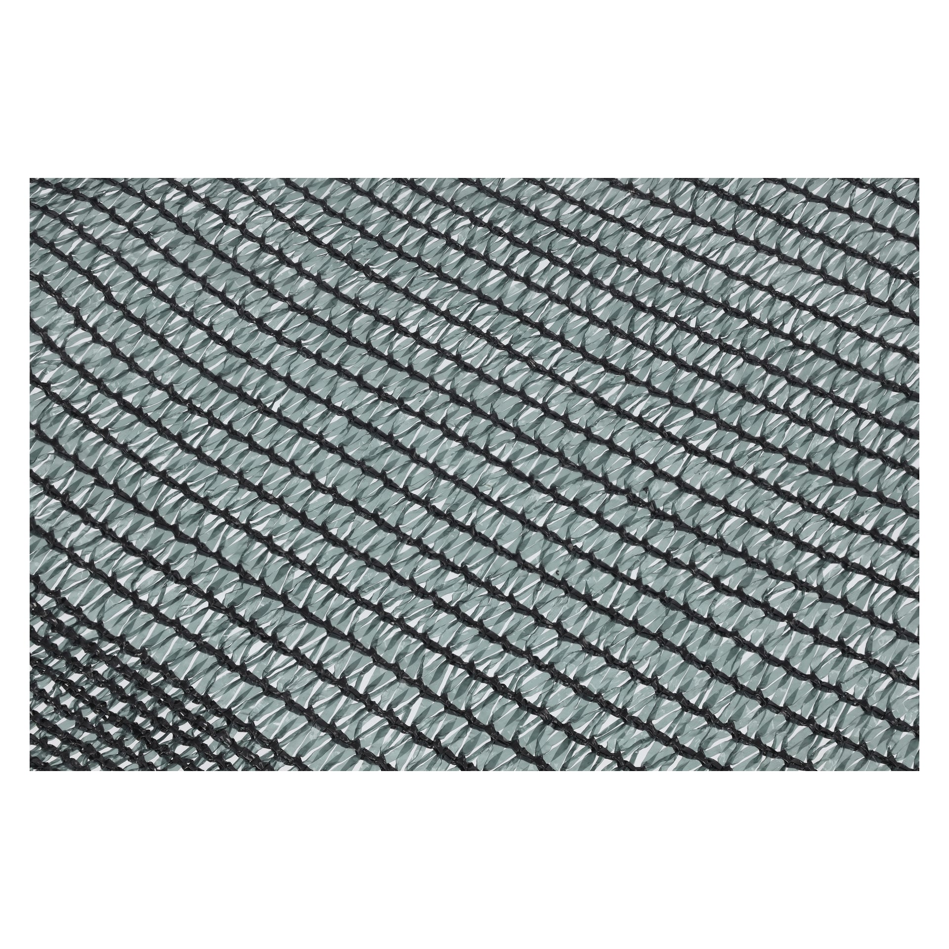 Eine Nahaufnahme des Hard Head Shade Netting für Gewächshäuser zeigt seine schwarze Kunststoffkonstruktion mit einem eng gewebten diagonalen Raster auf einem hellblau-grünen Hintergrund. Der Fokus liegt auf der detaillierten Mesh-Textur und dem konsistent wiederholenden Muster.