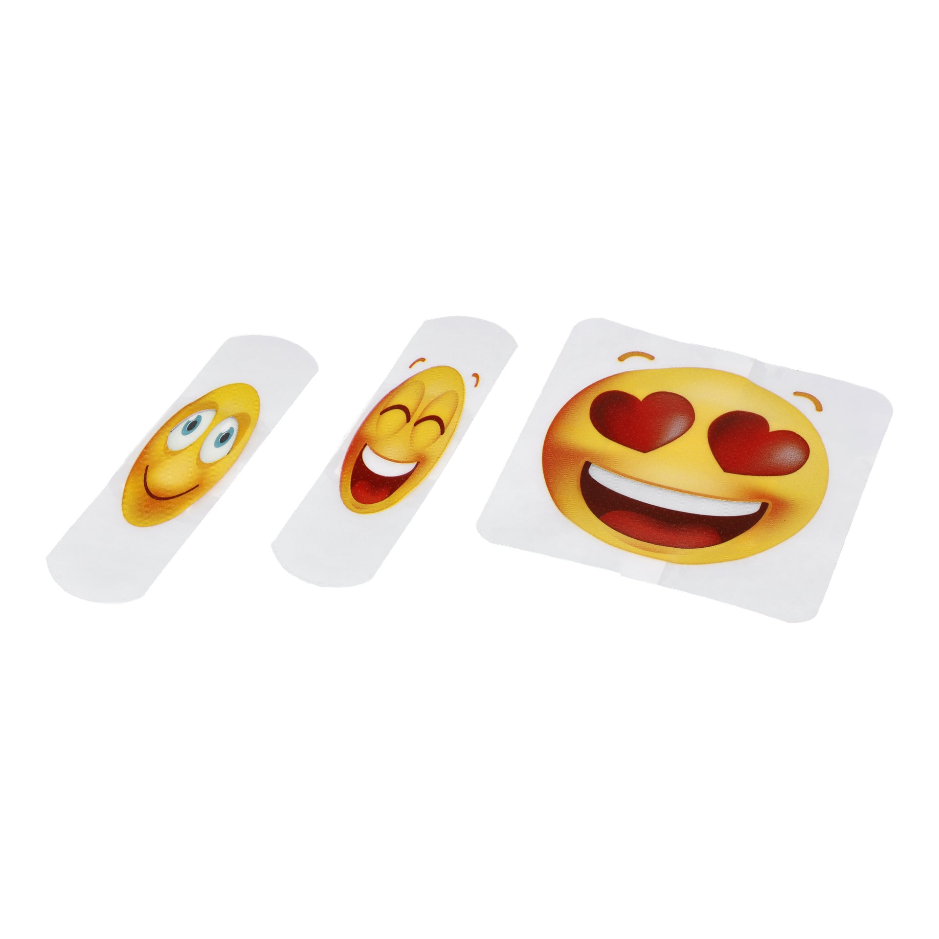 Tre Bluewear Band-Aid selvklebende bandasjer, hver med en unik emoji: en med et smilende ansikt, en annen med et leende ansikt, og den tredje med hjerteformede øyne. Bandasjene er hvite og dekorert med gule emoji-ansikter.