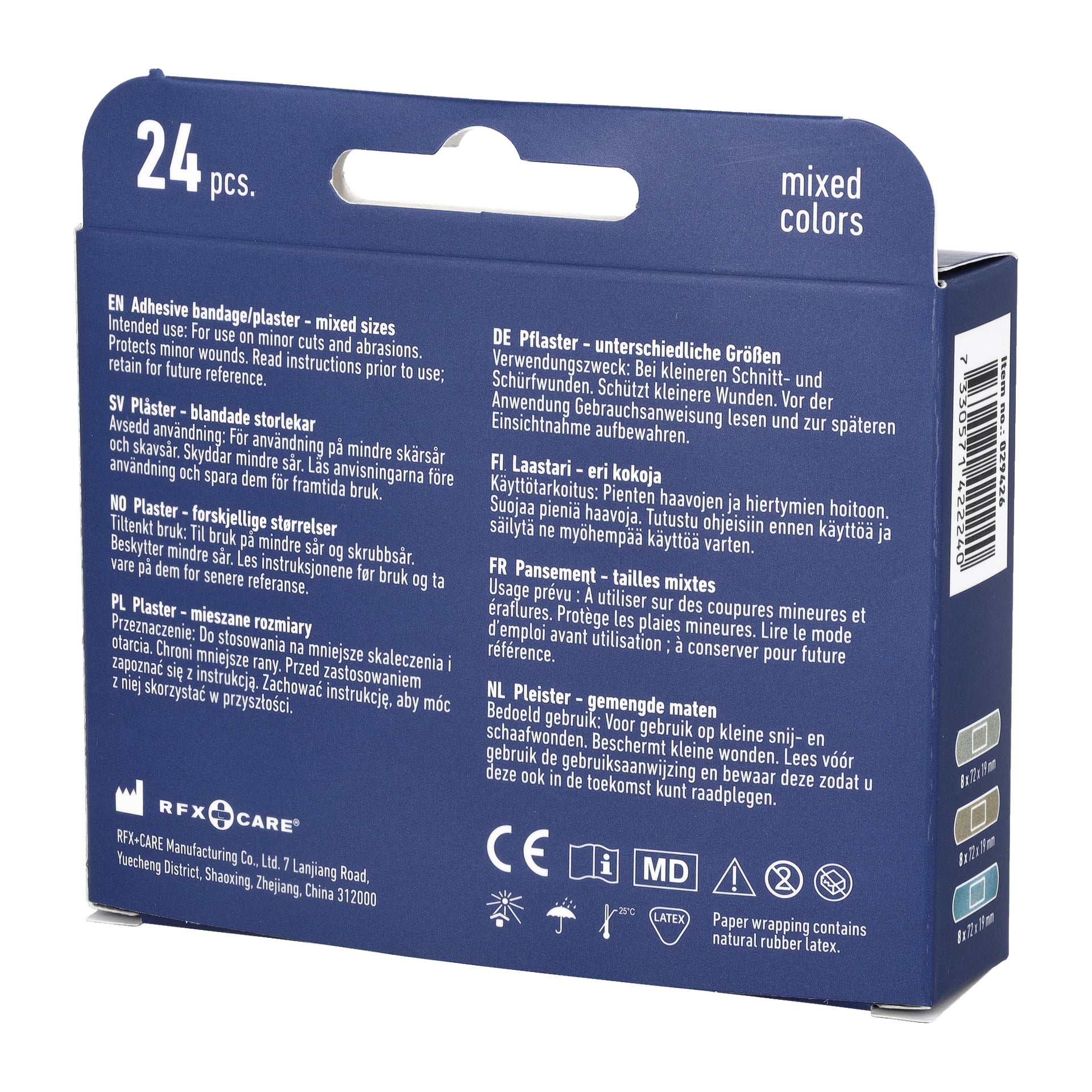 En blå Bluewear «Band-Aid 24 pack»-boks merket «24 pcs.» og «Mixed colors» inneholder ulike selvklebende bandasjer. Teksten på emballasjen forklarer bruken, og den viser CE-merking sammen med ikoner for å være latexfri og engangsbruk.