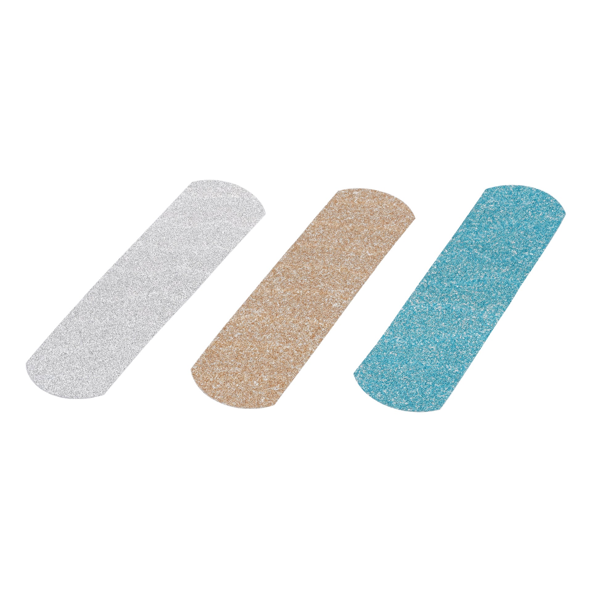 Tre Bluewear Band-Aid-strimler med avrundede kanter er plassert ved siden av hverandre, og viser sølv-, brun- og turkisfargene. Hver stripe ser ut til å ha en grov, teksturert overflate.
