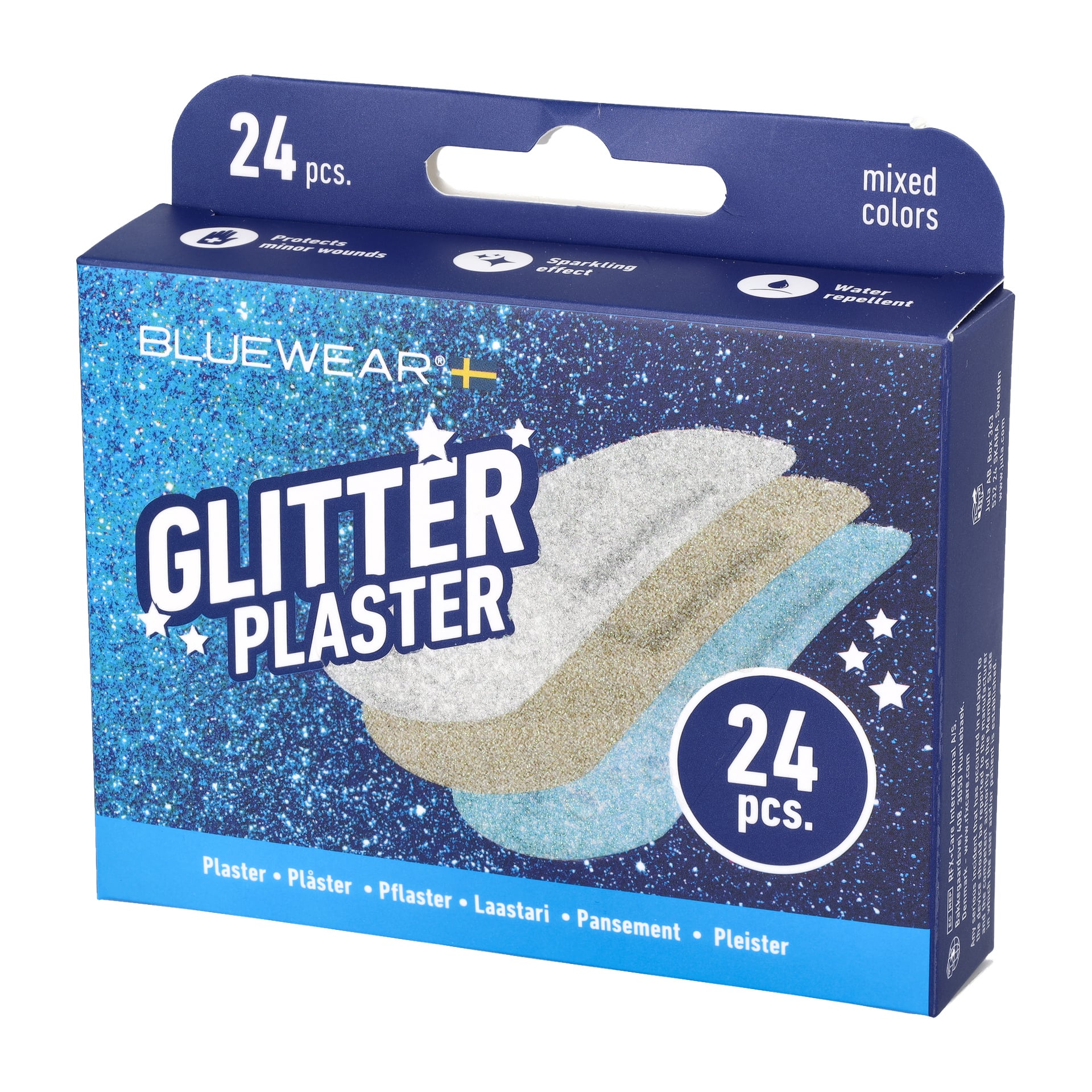 En 24-paknings eske med Bluewear-plaster med ulike fargede bandasjer, vist på en glitrende blå pakke med tre glitrende bandasjebilder og fremhever dens vannavstøtende egenskaper.