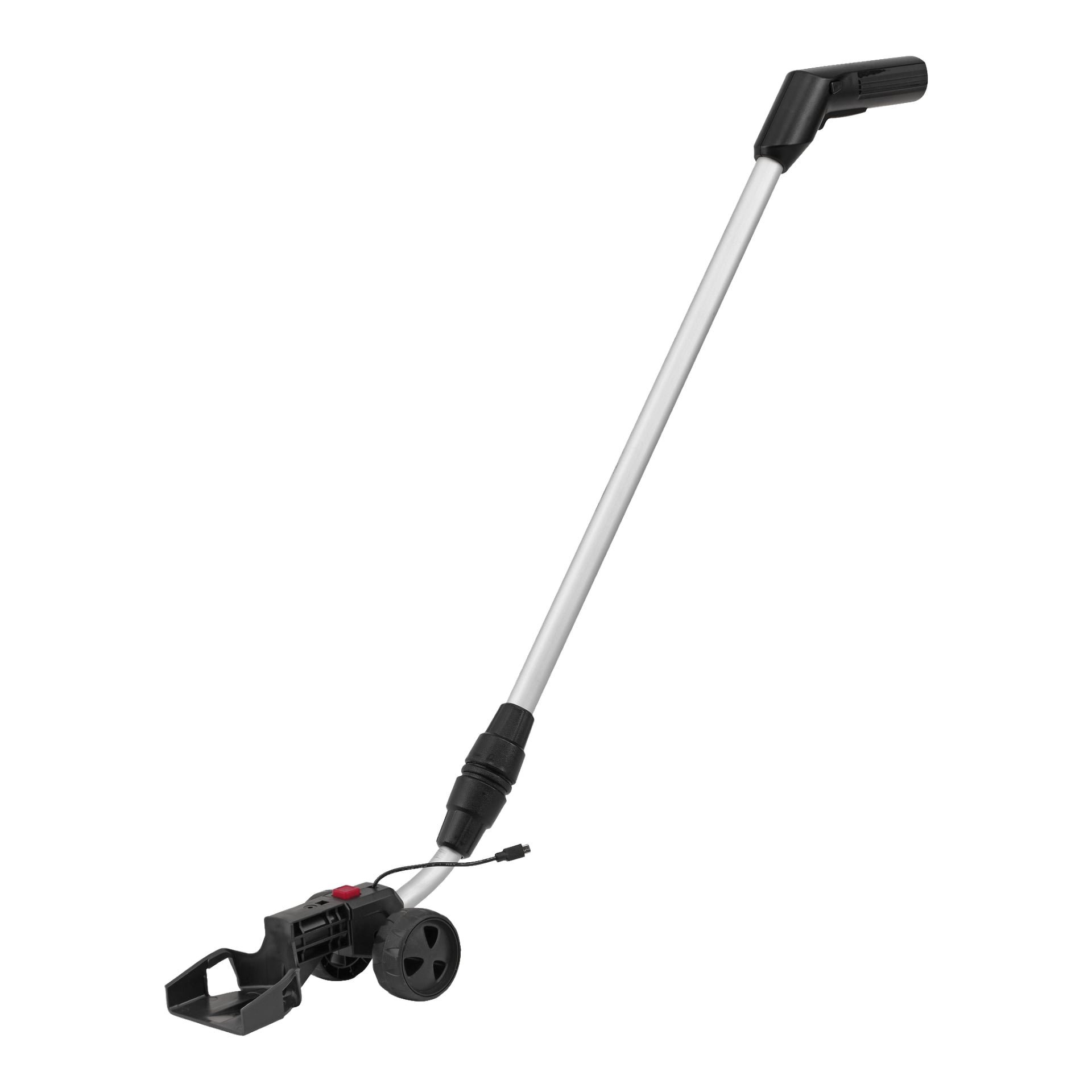 Ein Meec Tools Teleskopgriff für einen Multitrimmer, mit einem langen silbernen Griff aus Metall und Kunststoff, ausgestattet mit schwarzen Rädern und einem schwarzen Kunststoffkopf, der an einem Elektrowerkzeug befestigt werden kann.