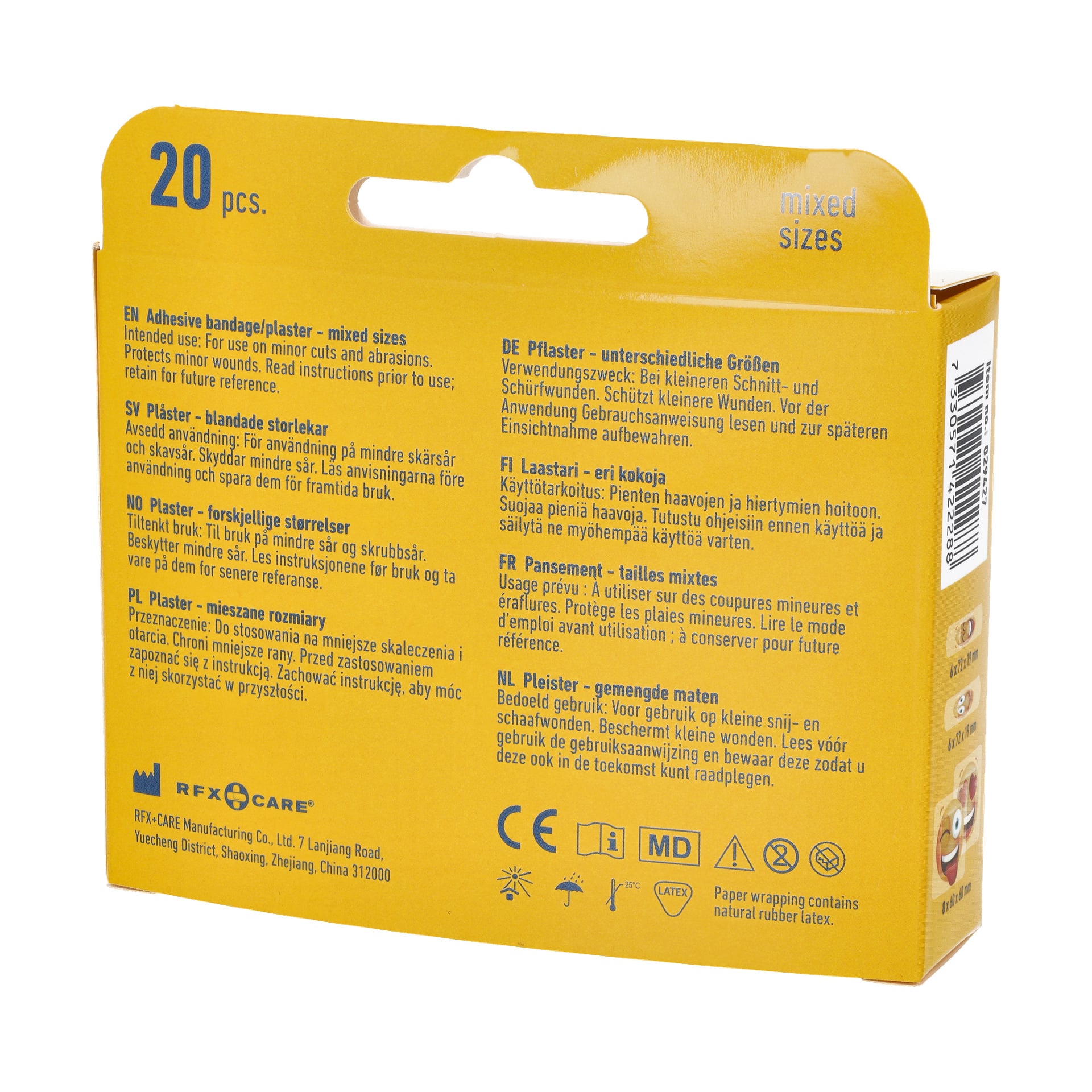 En gul Bluewear-eske merket «Band-Aid 20 pack» inneholder 20 forskjellige limbandasjer. Baksiden viser produktbeskrivelser og en rekke symboler, inkludert CE, resirkulering og hold tørr-ikoner. Merke- og produsentinformasjon for Bluewear vises nederst.