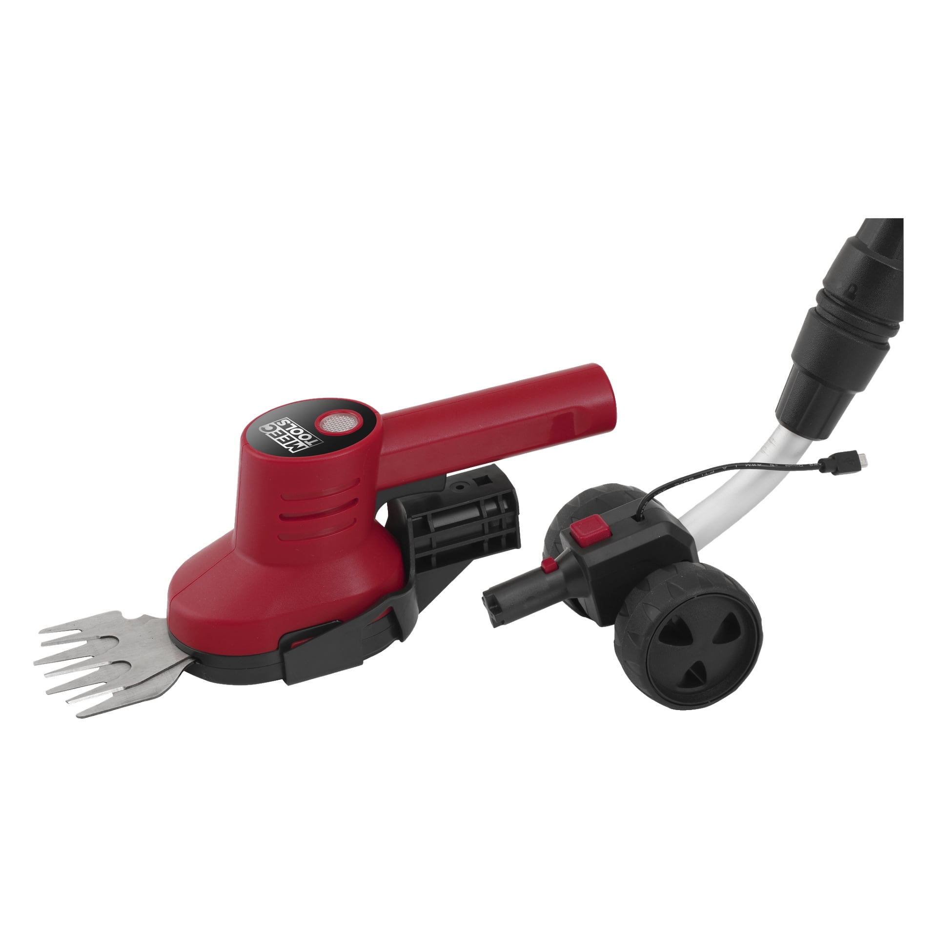 Ein rot-schwarzer Teleskopgriff, entworfen für einen Meec Tools Multitrimmer, ausgestattet mit einer gegabelten Metallklinge, abnehmbarem Griff mit Schalter und zwei schwarzen Kunststoffrädern; oben steht auf dem Anhang NEO TOOLS.