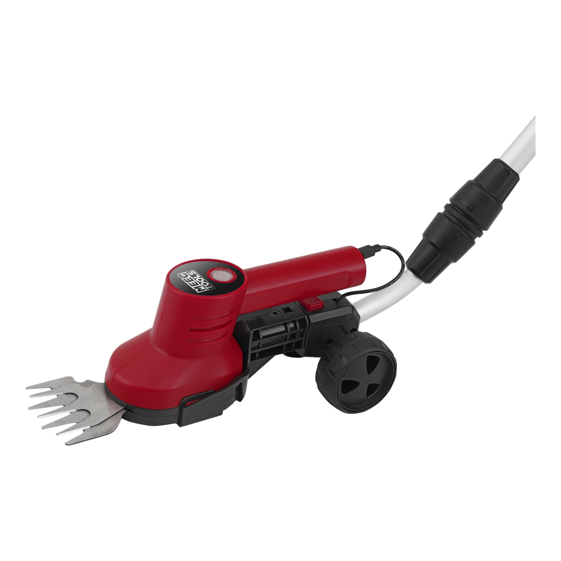 Ein Meec Tools Multi-Trimmer-Griff in Rot und Schwarz, mit teleskopischer Verstellbarkeit und angebrachten Rädern zum Rasenschneiden. Es ist vorne mit einer Metallklinge ausgestattet und hat einen weißen Griff, der von hinten herausragt.