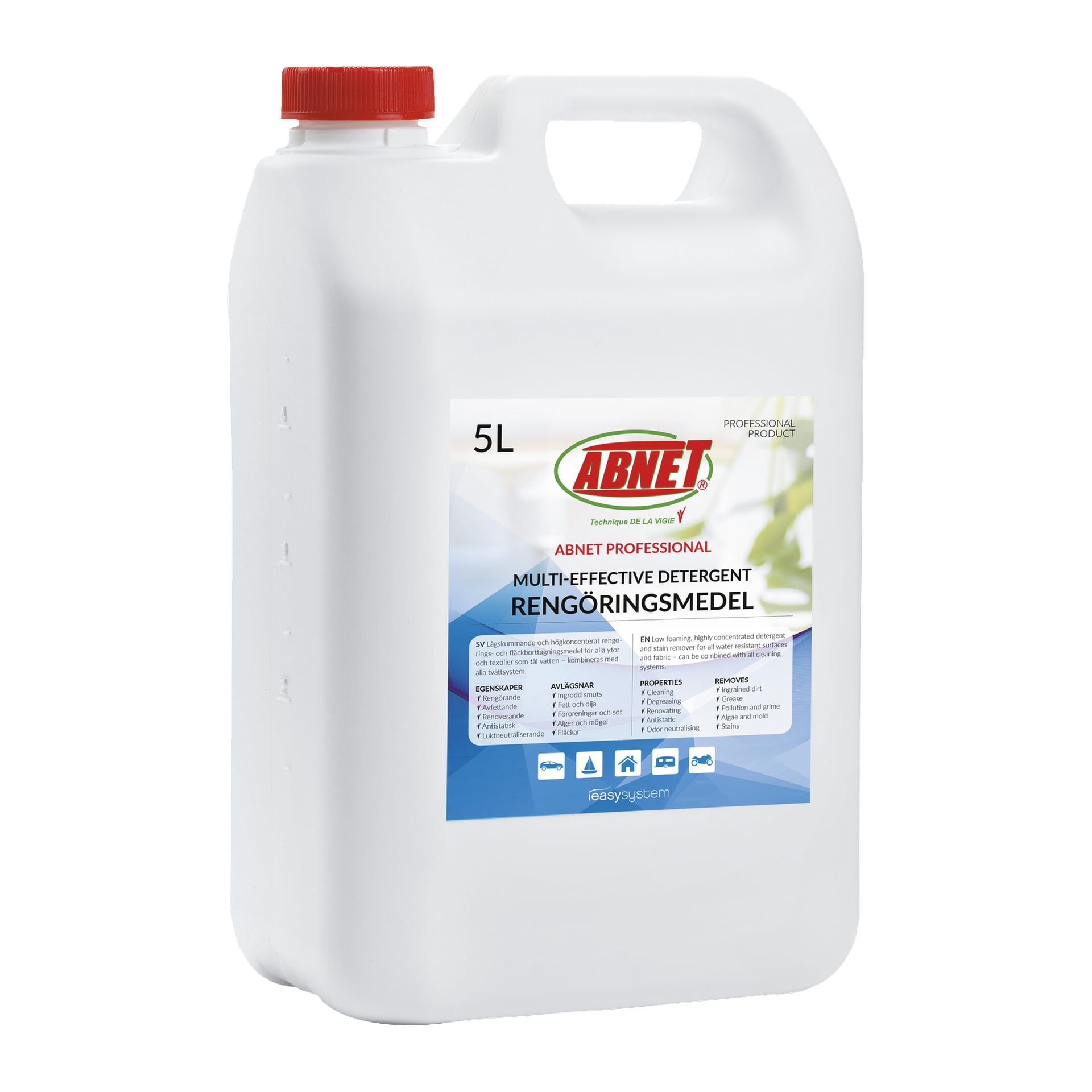 Valkoinen 5-litrainen muovikannu, jossa on punainen korkki, esittelee Abnet Detergent Professional -etiketin sekä tuotteen tiedot ja brändäyksen etuosassa.