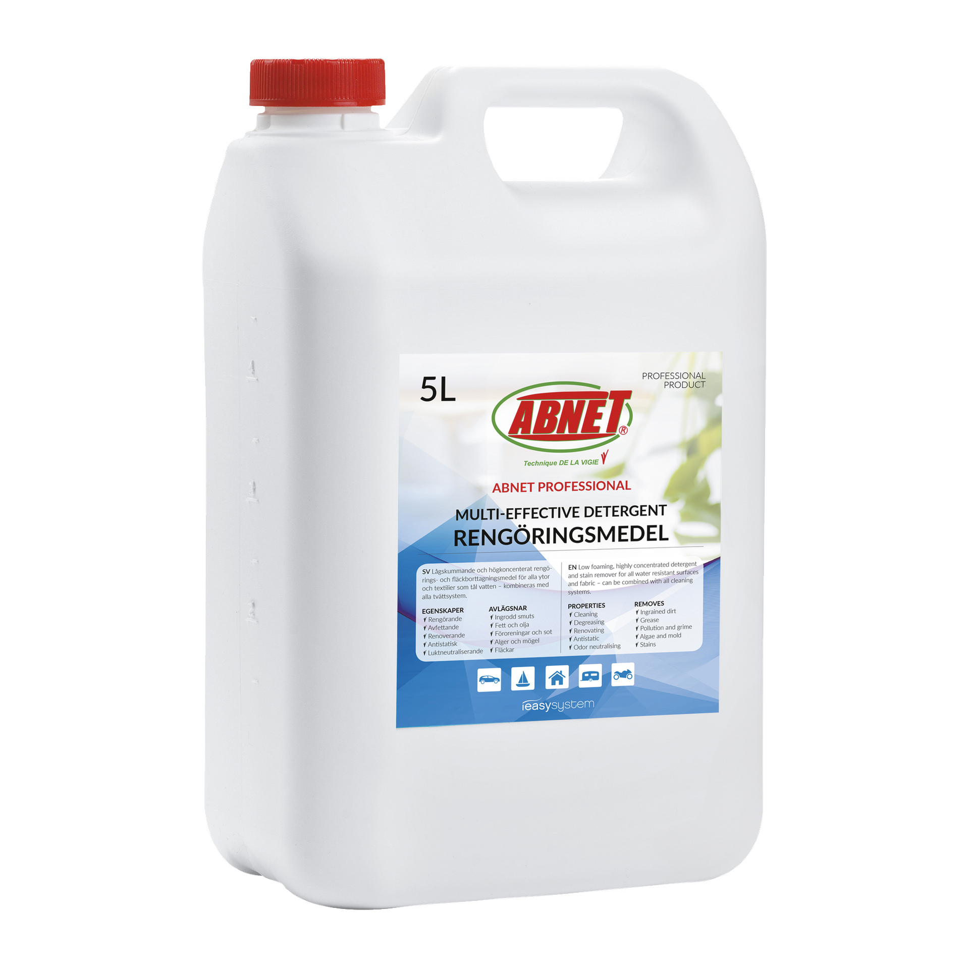 Biały plastikowy dzbanek o pojemności 5 litrów z czerwonym nakrętką widnieje etykieta Abnet Detergent Professional wraz z opisem produktu i marką na froncie.