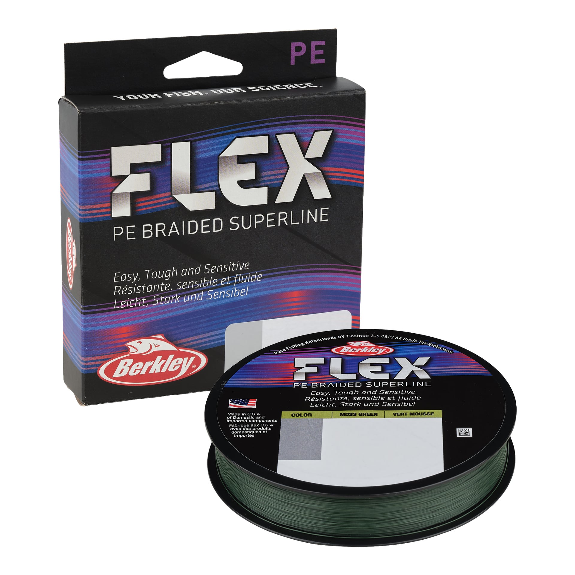 Berkley Flex Braid -kalastuskela sijaitsee sen brändätyn vähittäismyyntipakkauksen vieressä, jossa näytetään tuotetiedot. Kelassa on tummanvihreä punottu siima.