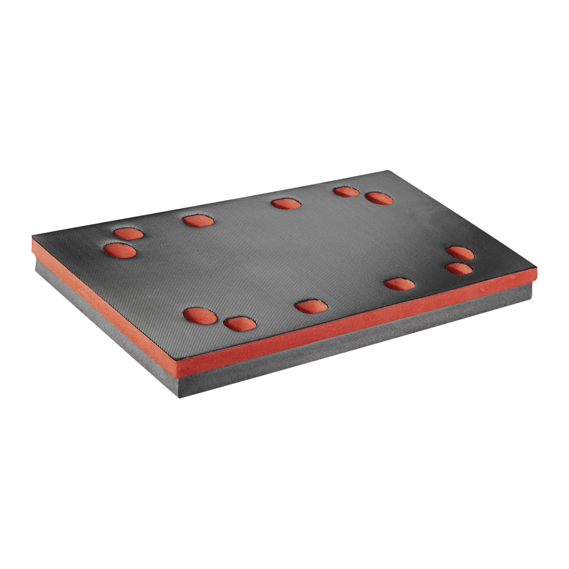 Der Bosch Multi-grind PSM 200 AES ist ein rechteckiges Schaumstoffpad in Schwarz und Rot, dessen Oberseite eine Reihe gleichmäßig verteilter ovaler Löcher zeigt.