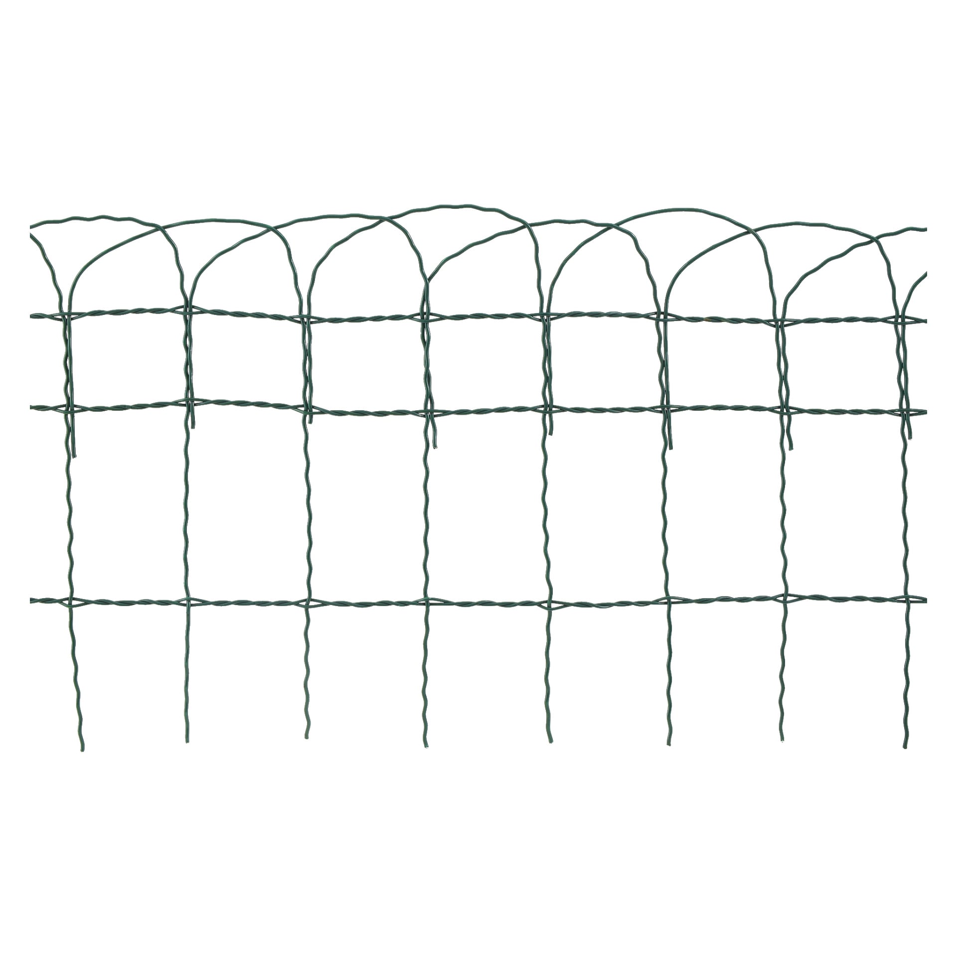 Hard Head Border Edging er laget av grønn tråd, og viser en rekke buer langs øvre kant. Strukturen inneholder både vertikale og horisontale tråder som skaper et mønster av rektangulære seksjoner gjennom hele området.
