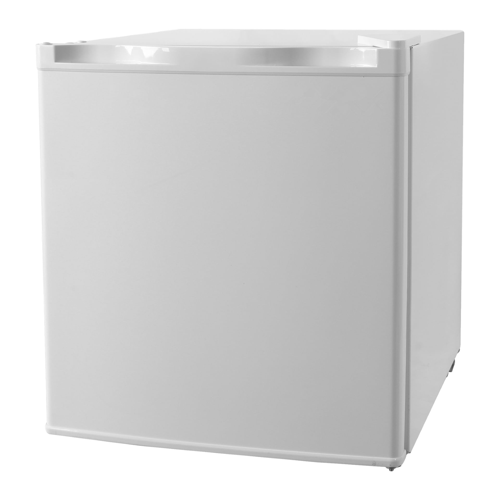 Ett kompakt, vitt Bright Mini Fridge med rektangulär form har en enkel ytterdörr utan handtag eller synlig märkning.