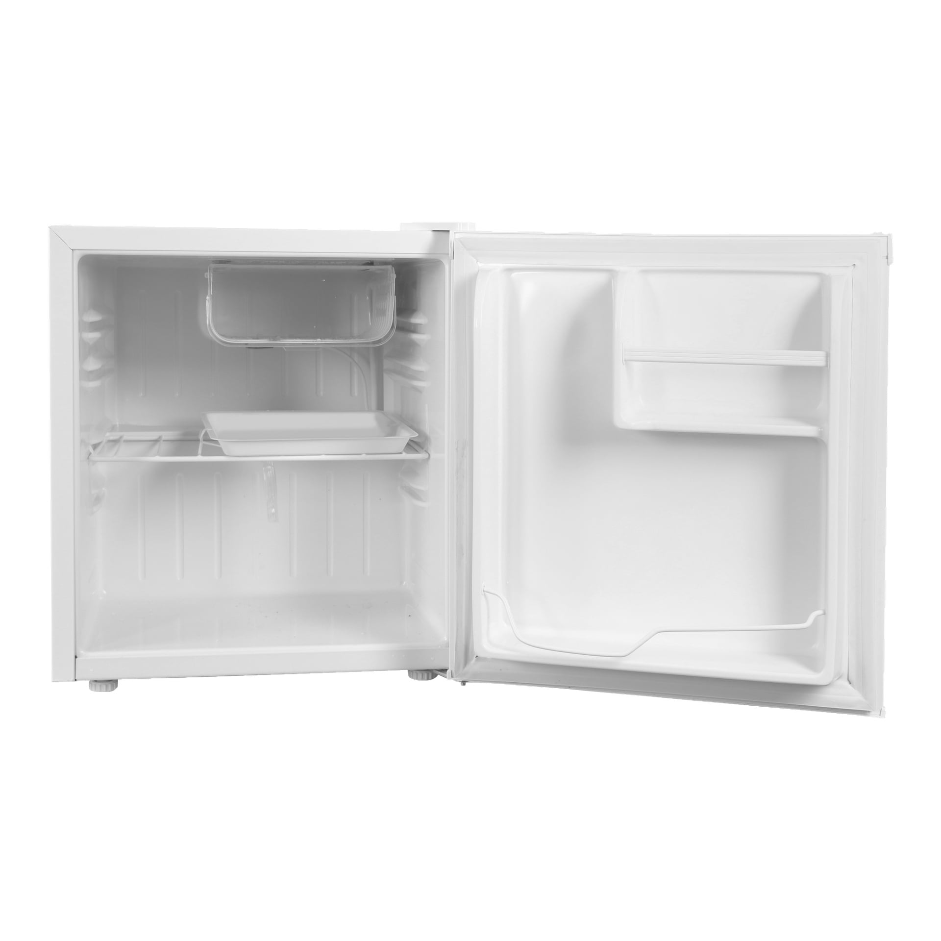 Bright Mini Fridge står med öppen dörr och visar upp en skinande vit interiör med ett kompakt frysfack, en hylla och extra förvaring på insidan av dörren.