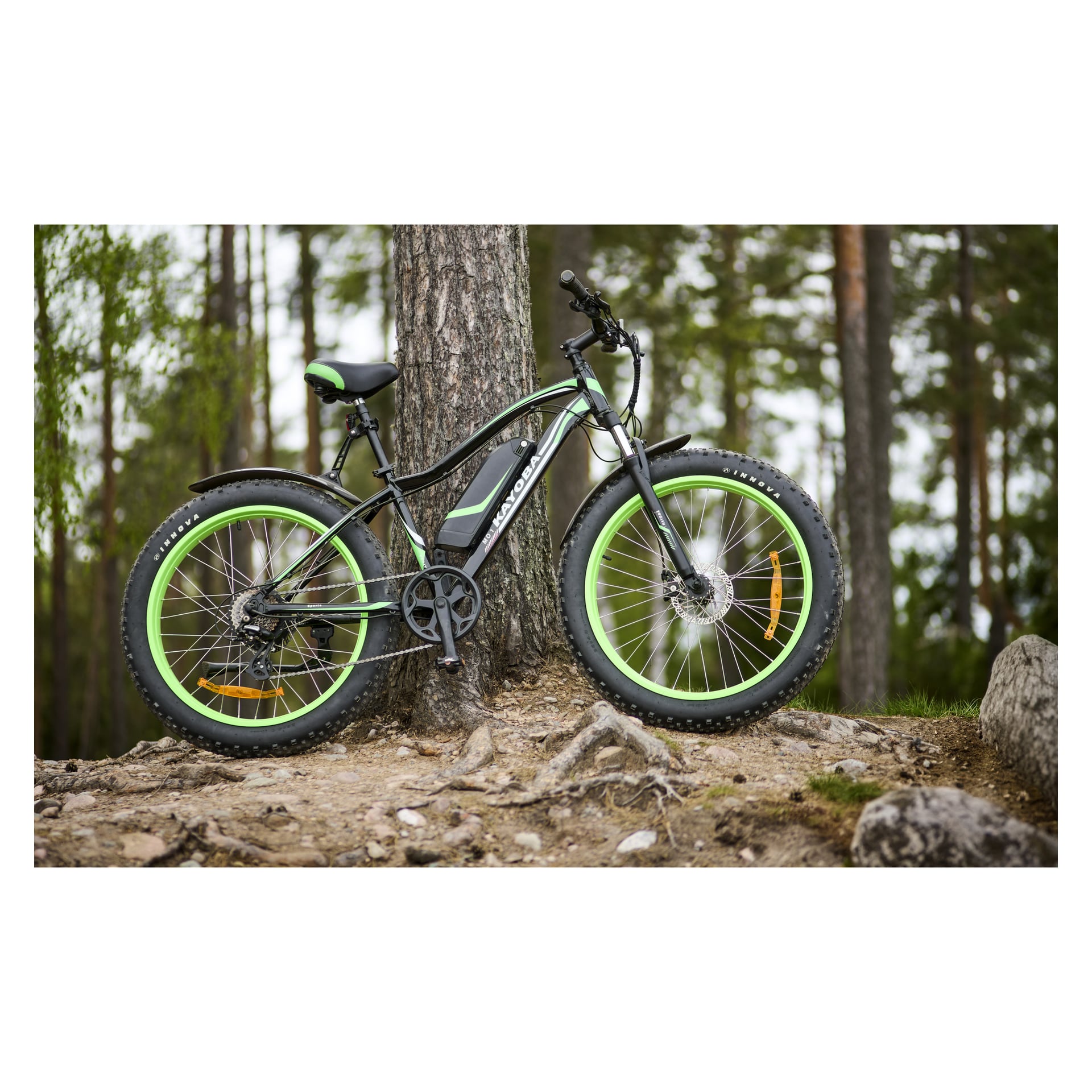 Ein schwarz-grünes Kayoba E-Fatbike steht an einem Baum in einem bewaldeten Bereich, umgeben von verstreuten Steinen und freiliegenden Wurzeln auf dem Waldboden, während verschwommene Bäume den Hintergrund füllen.