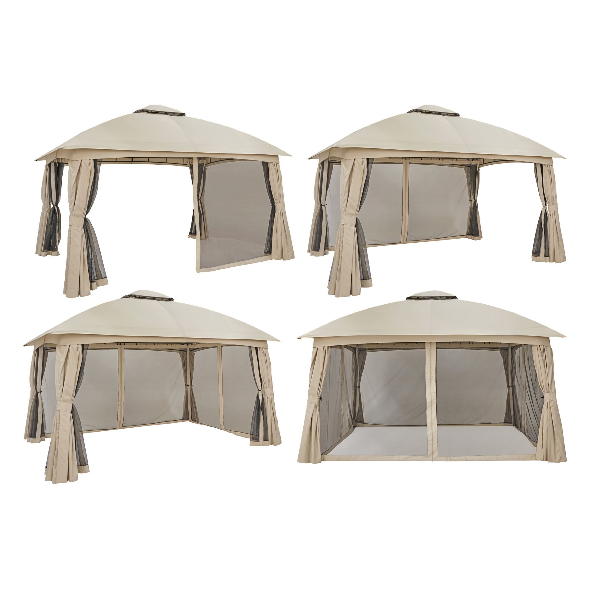 Fyra vyer visar det beige EKVIP Paviljongtältet med nätsidor och gardiner som kan knytas upp, avbildat med både öppna och stängda dörrar.