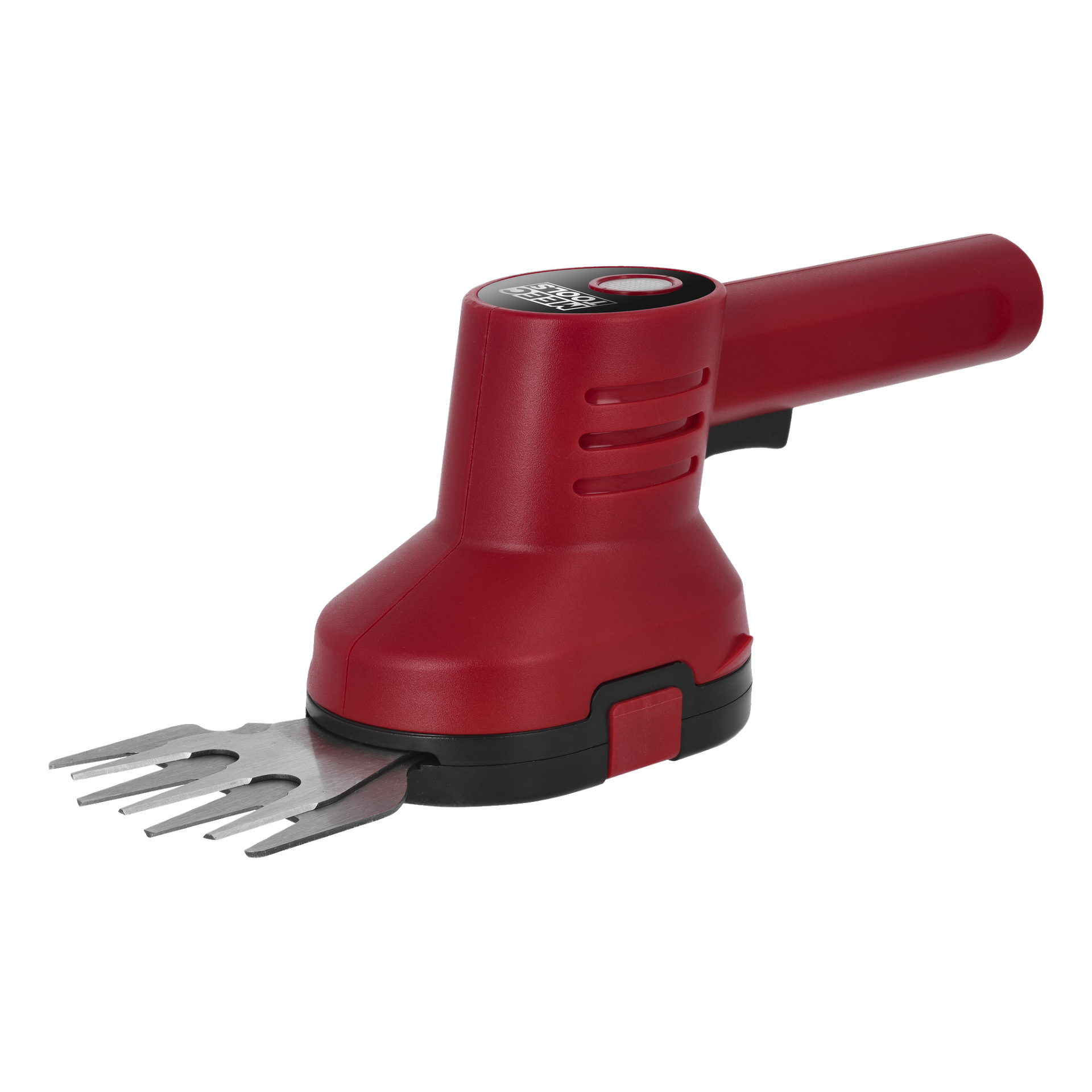 Meec Tools Multi-trymer to czerwona ręczna nożyca do trawy z czarną podstawą, widocznymi metalowymi źdźbłami, cyfrowym wyświetlaczem na górze oraz ergonomiczną, łatwą w trzymaniu rączką.