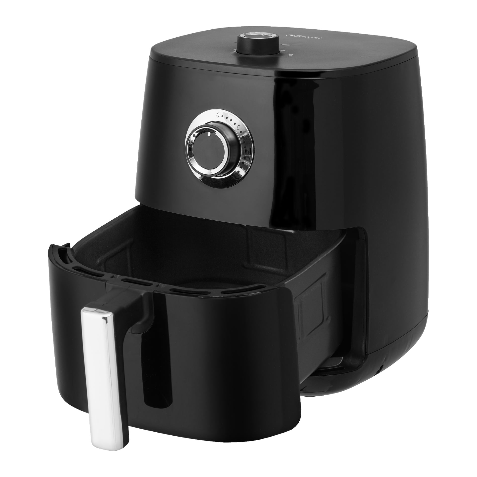 En svart Bright Air Fryer med silverhandtag och urtavle, synlig med korgen delvis öppen.