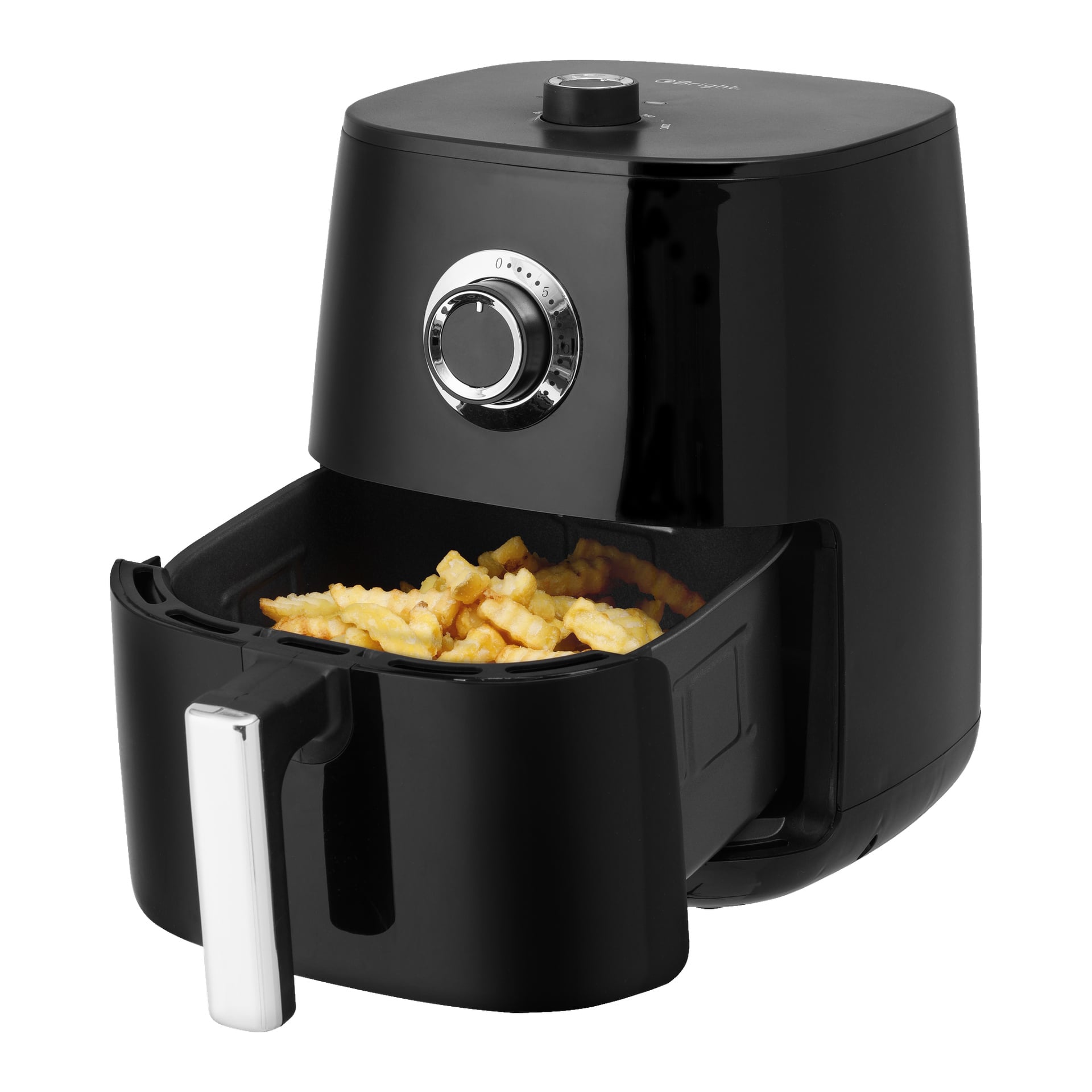 En elegant svart airfryer med silverfärgad kontrollknapp har korgen lite utdragen och visar skrynkliga pommes frites inuti.