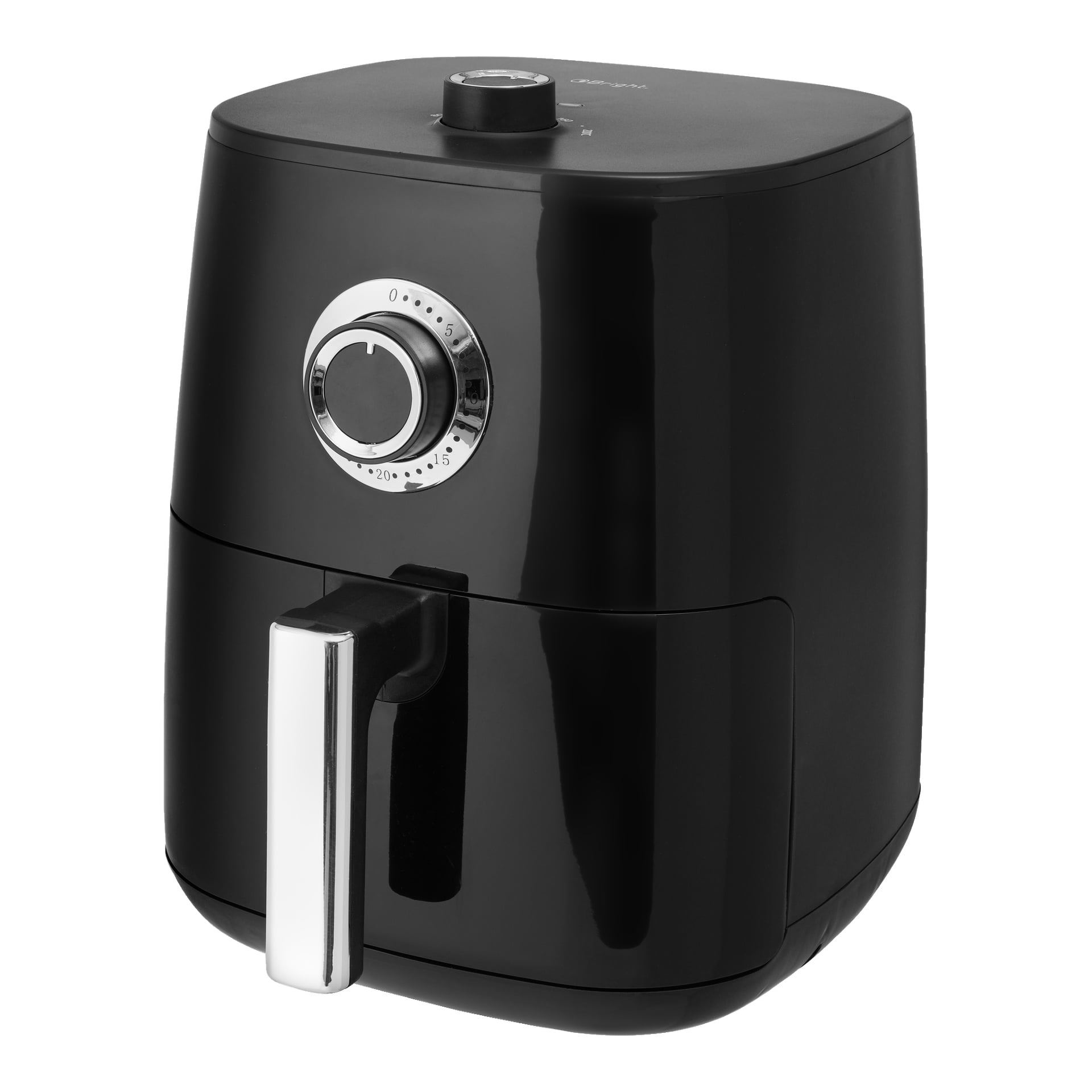 En modern svart Bright Air fryer med silverhandtag och en frontratt för att ställa in tid eller temperatur.
