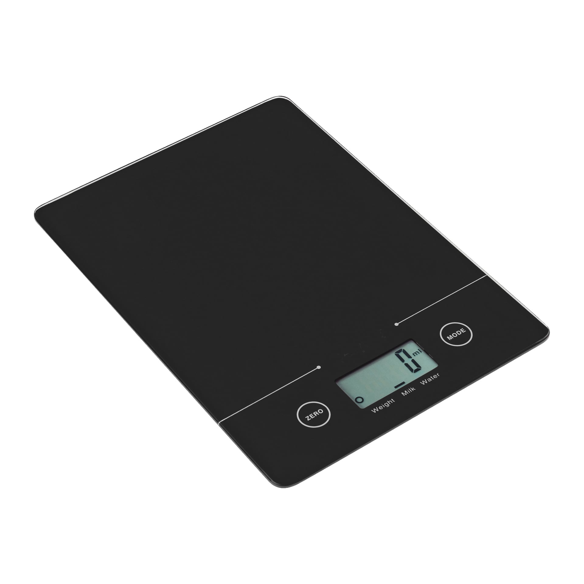 Menuett Kitchen Scales med en slank, platt svart design, en liten LCD-skärm som visar 0 gram och två distinkta knappar märkta ZERO och MODE. Displayen erbjuder inställningar för att väga föremål eller mäta mjölk och vatten.