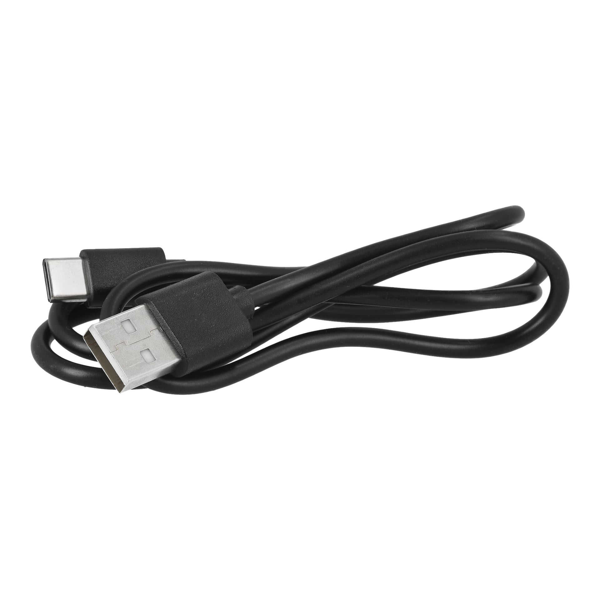 En svart USB-kabel kompatibel med Bright Action-kameraet, pent sammenrullet i en løkke, med en USB-A-kontakt på den ene siden og en USB-C-kontakt på den andre.